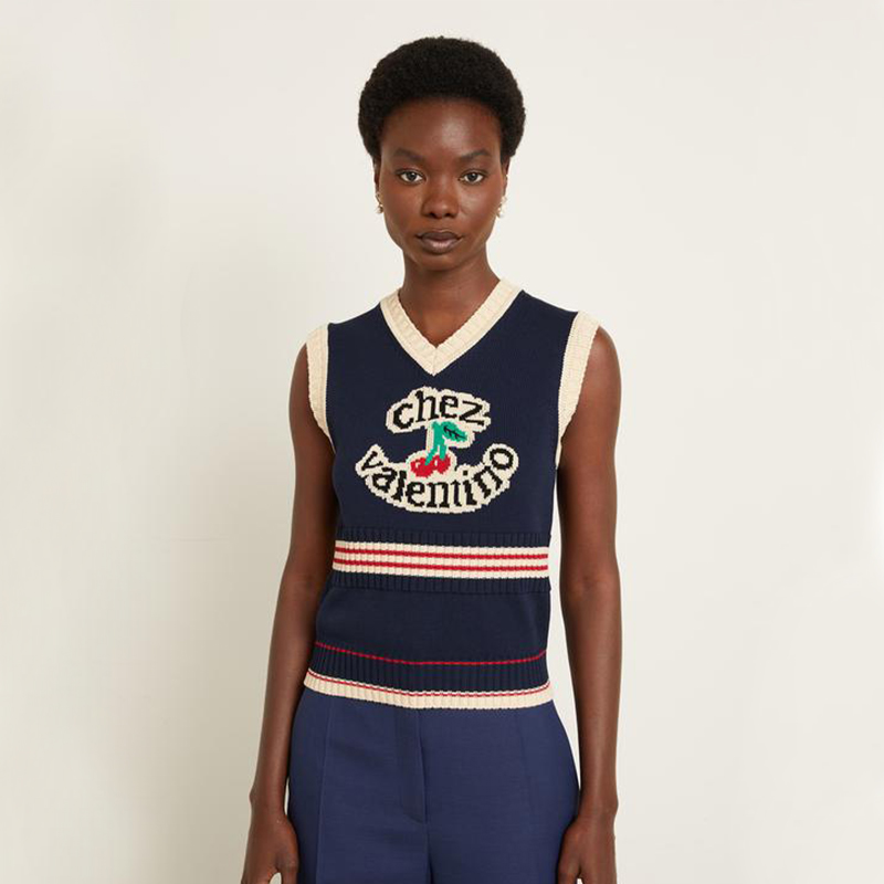 NIGO Valentino Women's Summer V-Neck College Style Cherry Embroidery Cotton Knit Sleeveless Solid Color Straight Tank Top Vest Ngvp #nigo1959