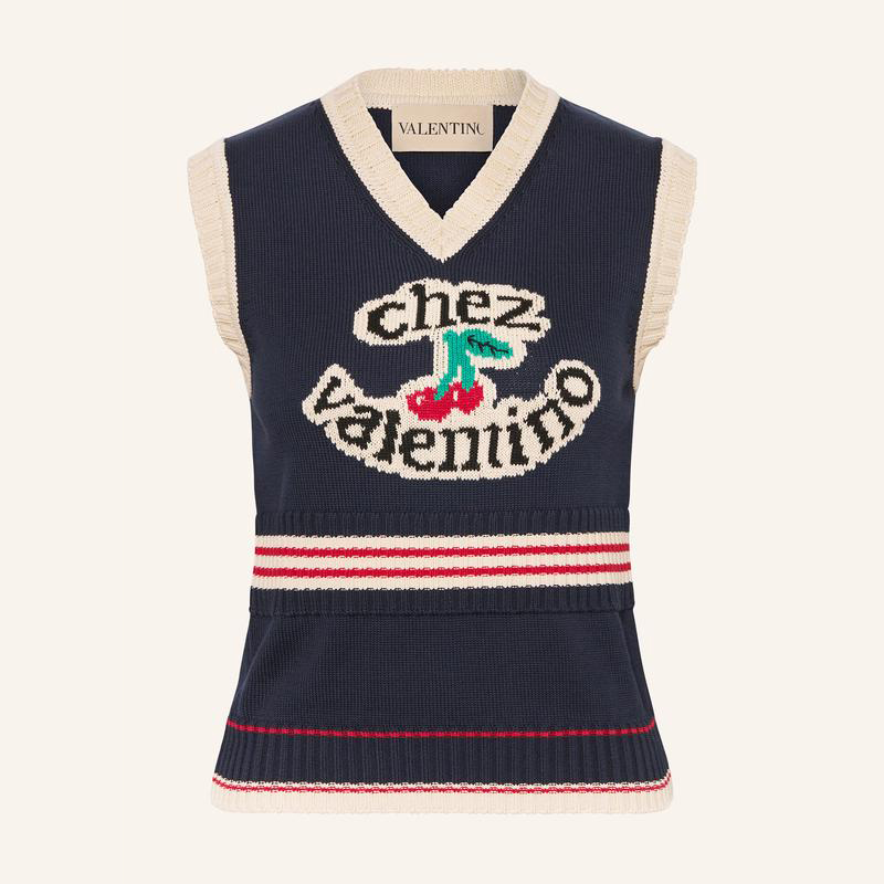 NIGO Valentino Women's Summer V-Neck College Style Cherry Embroidery Cotton Knit Sleeveless Solid Color Straight Tank Top Vest Ngvp #nigo1959
