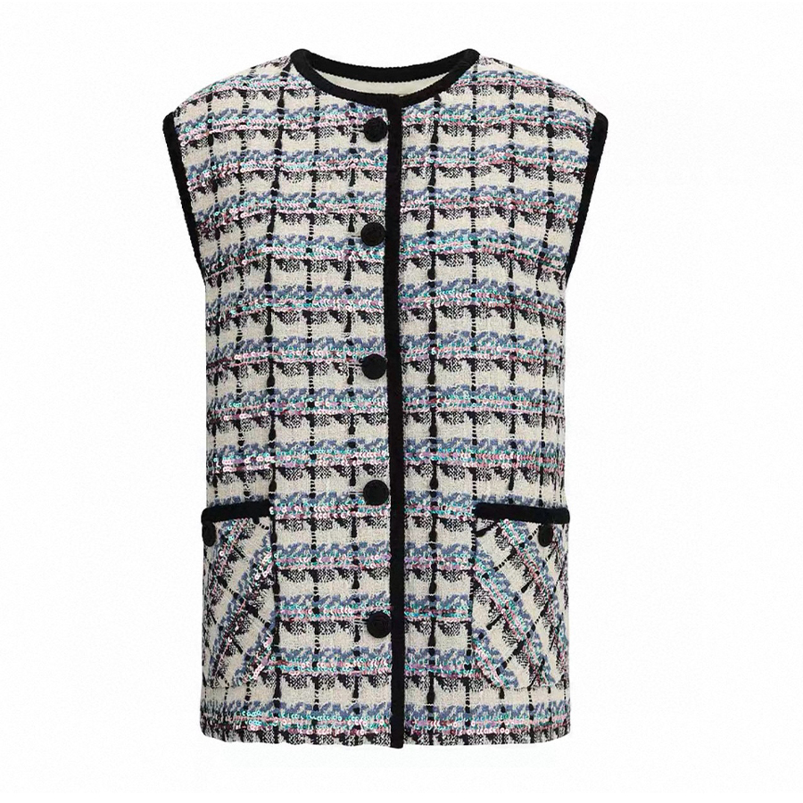 NIGO Valentino Women's Spring And Winter Tweed Sequins Check Pattern Solid Color Round Neck Single-Breasted Cotton Wool Blend Sleeveless Pocket Vest Ngvp #nigo2111