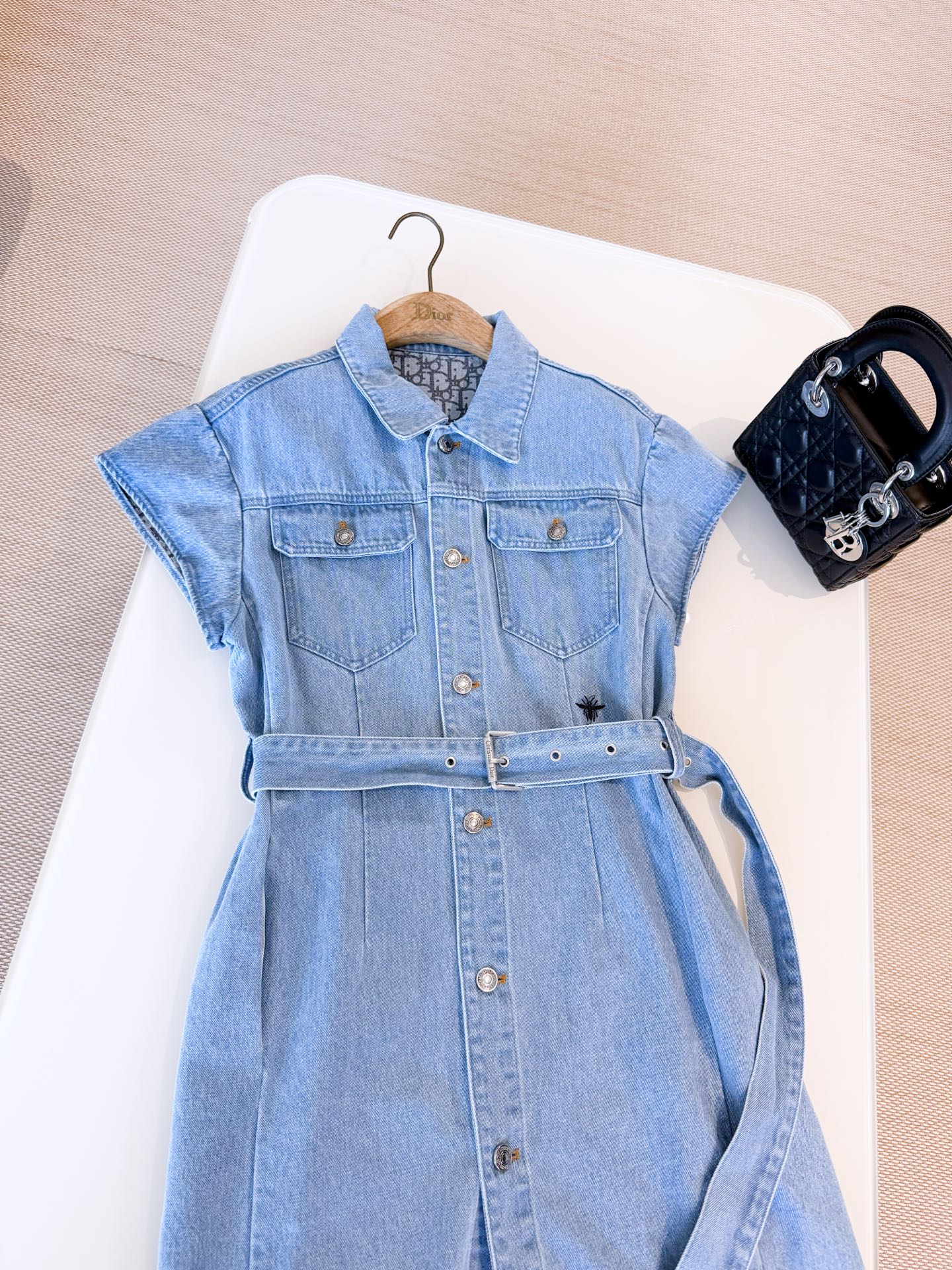 NIGO Dior Women's Summer High Street Denim Solid Color Belt Printed Pocket Button Cotton Short Sleeve Shirtdress Dresses #nigo77854
