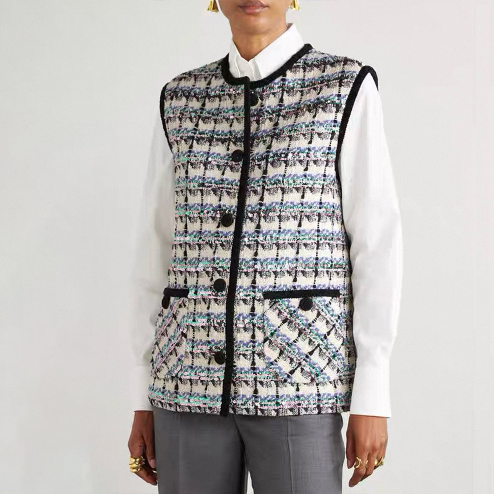 NIGO Valentino Women's Spring And Winter Tweed Sequins Check Pattern Solid Color Round Neck Single-Breasted Cotton Wool Blend Sleeveless Pocket Vest Ngvp #nigo2111