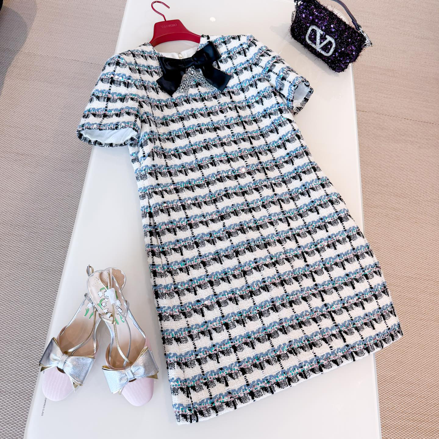 NIGO Valentino Women's Summer Bow Zipper Sequins Plaid Tweed Short Sleeve Cotton Blend Round Neck Dresses Ngvp #nigo2112