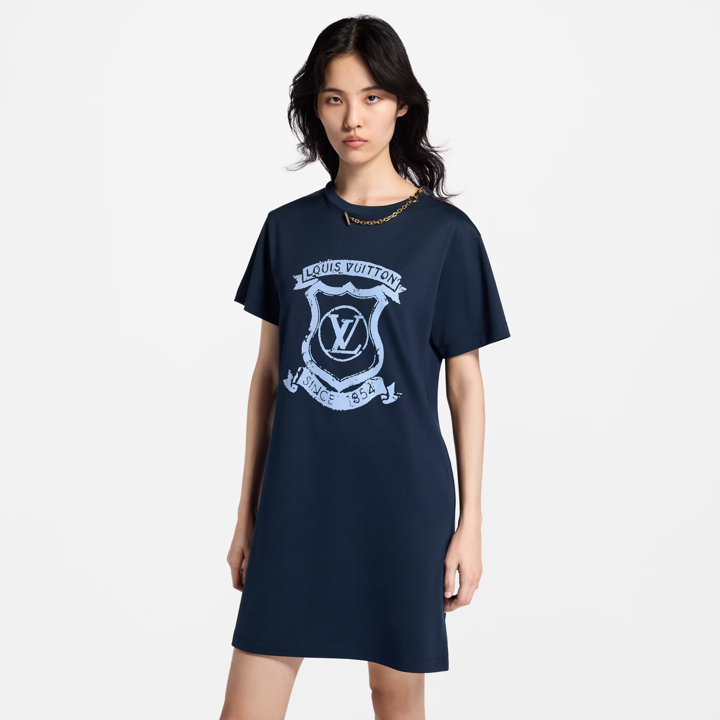 NIGO Louis Vuitton Women's LV Coat of Arms Printed Chain Summer Cotton Stretch Knit Round Neck Short Sleeve T Shirt Dresses #nigo77851