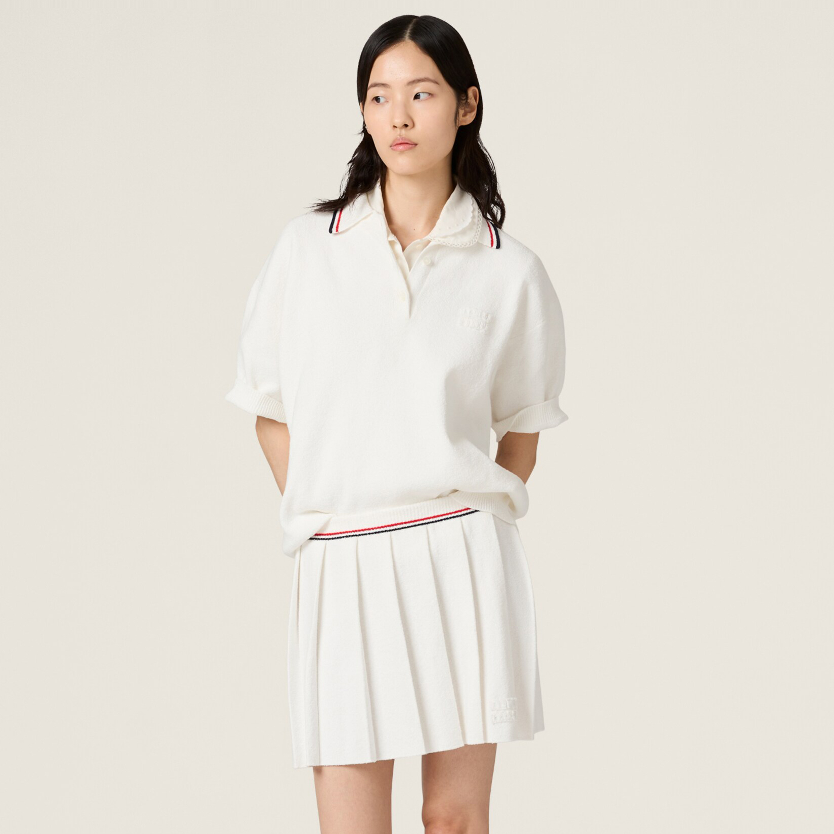 NIGO MiuMiu Women's Summer Solid Color Cotton Polo Neck Short Sleeve T-Shirt and Casual Pleated Skirt Set Suit #nigo77849