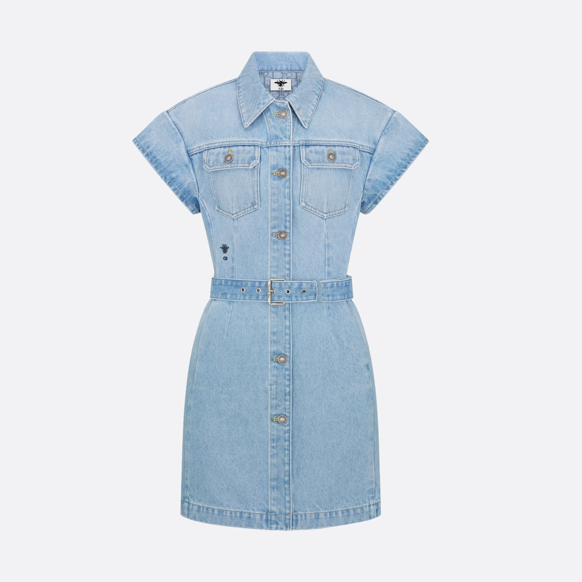 NIGO Dior Women's Summer High Street Denim Solid Color Belt Printed Pocket Button Cotton Short Sleeve Shirtdress Dresses #nigo77854