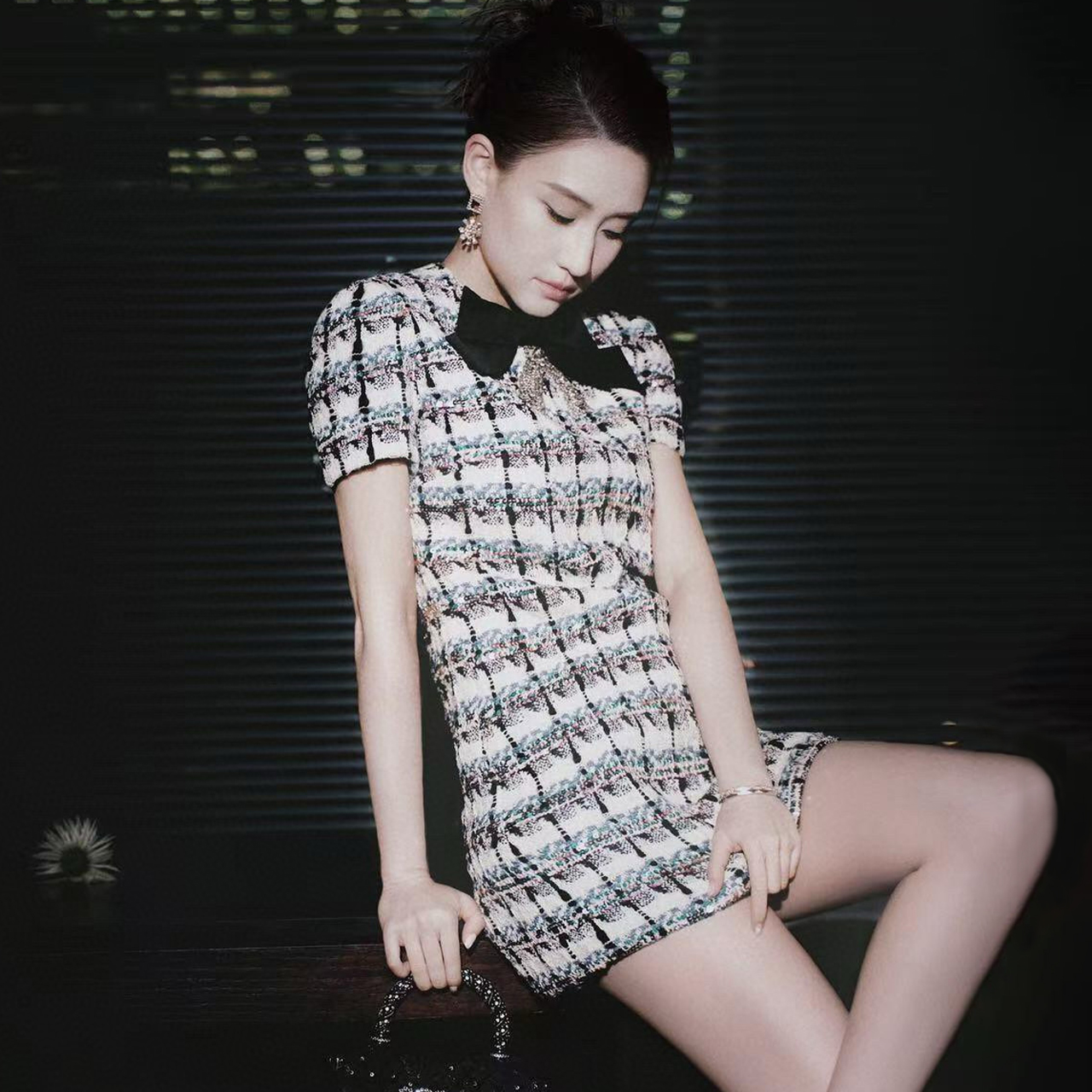 NIGO Valentino Women's Summer Bow Zipper Sequins Plaid Tweed Short Sleeve Cotton Blend Round Neck Dresses Ngvp #nigo2112