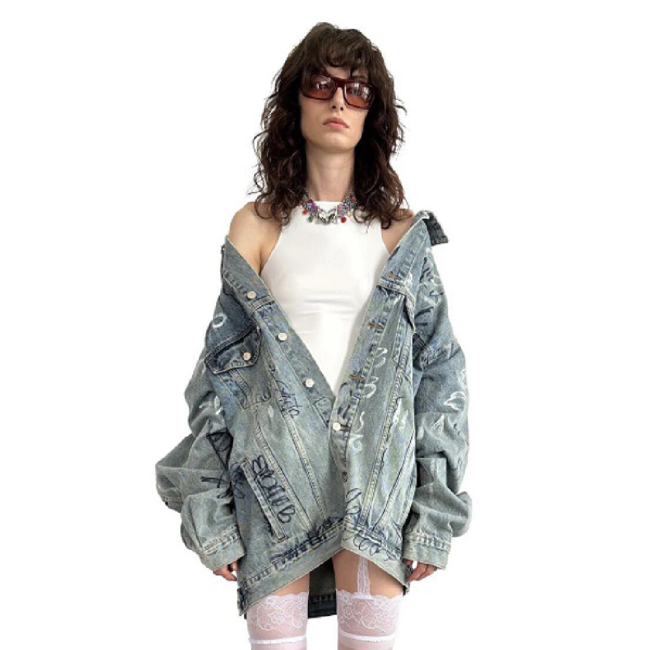 NIGO Balenciaga Men's Women's Spring And Autumn Graffiti Hand-painted Vintage Washed Denim Jacket Fashion Trend Loose Blue Loose Denim Jacket Ngvp #nigo1974