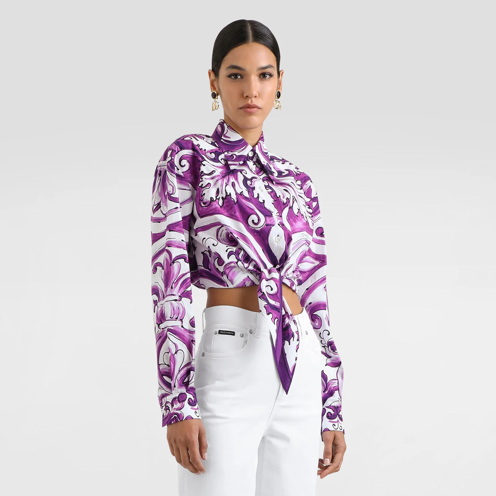 NIGO Dolce&Gabbana Women's Summer High Street Majolica Printed Lapel Short Tie Solid Color Cotton Poplin Shirt Ngvp #nigo2115