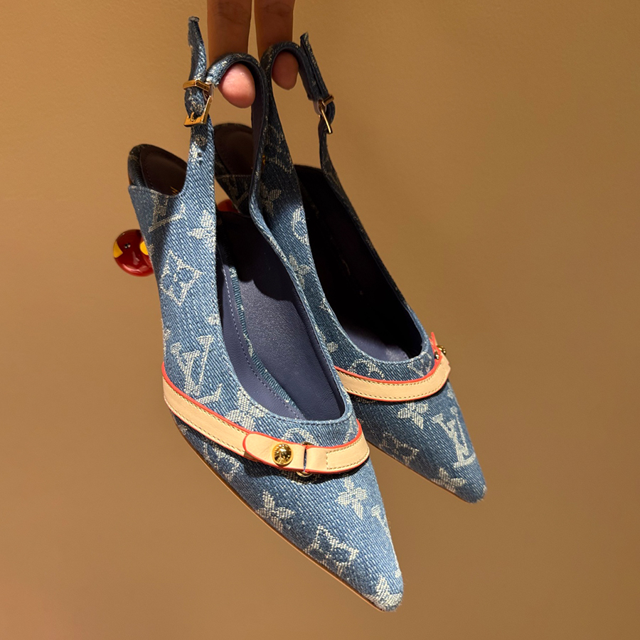 NIGO Louis Vuitton Women's Pointed Denim Print Metal Buckle Fine Heel Cherry Heel Retro Solid Color High Heels Casual Slippers Shoes #nigo77858
