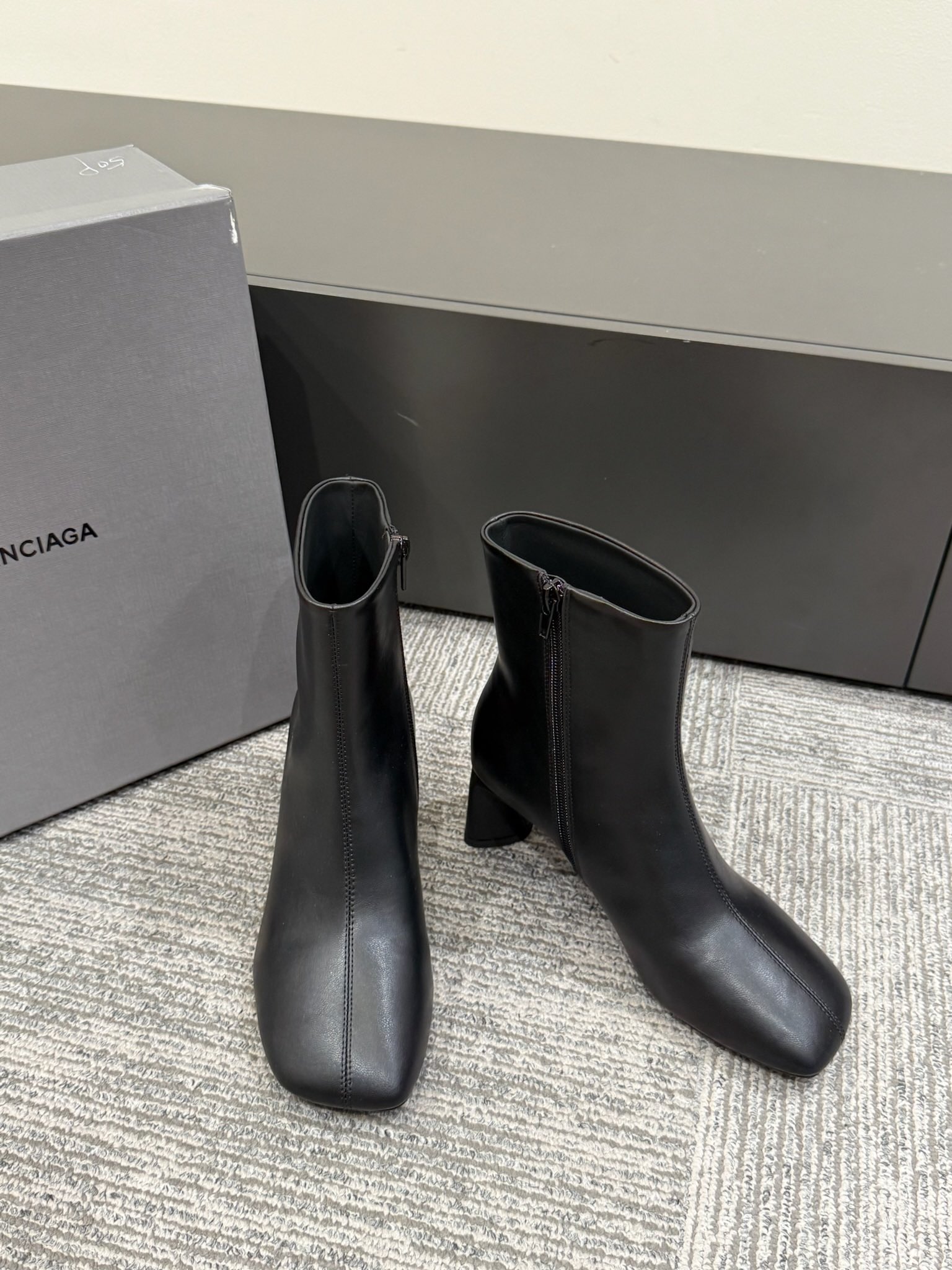 NIGO Balenciaga DUTY FREE Women's Solid Color Letter Print Cowhide Square Toe Chunky Heel Short Boots Shoes #nigo77869