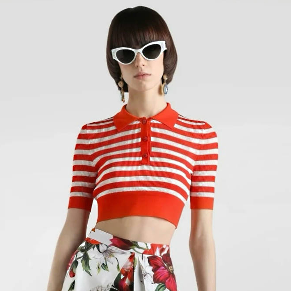 NIGO Dolce&Gabbana Women's Summer Striped Printed Polo Neck Knitted Short Sleeve T-Shirt #nigo77874