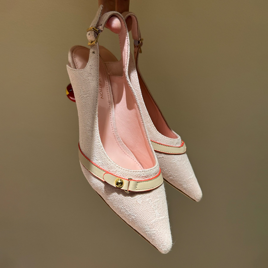 NIGO Louis Vuitton Women's Pointed Denim Print Metal Buckle Fine Heel Cherry Heel Retro Solid Color High Heels Casual Slippers Shoes #nigo77858