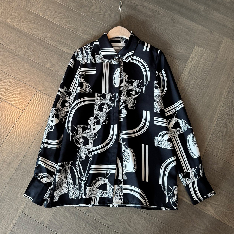 NIGO Hermes Women's Pattern Printed Lapel Long Sleeve Solid Color Spring And Autumn Loose Blouse Silk Shirt Ngvp #nigo2116