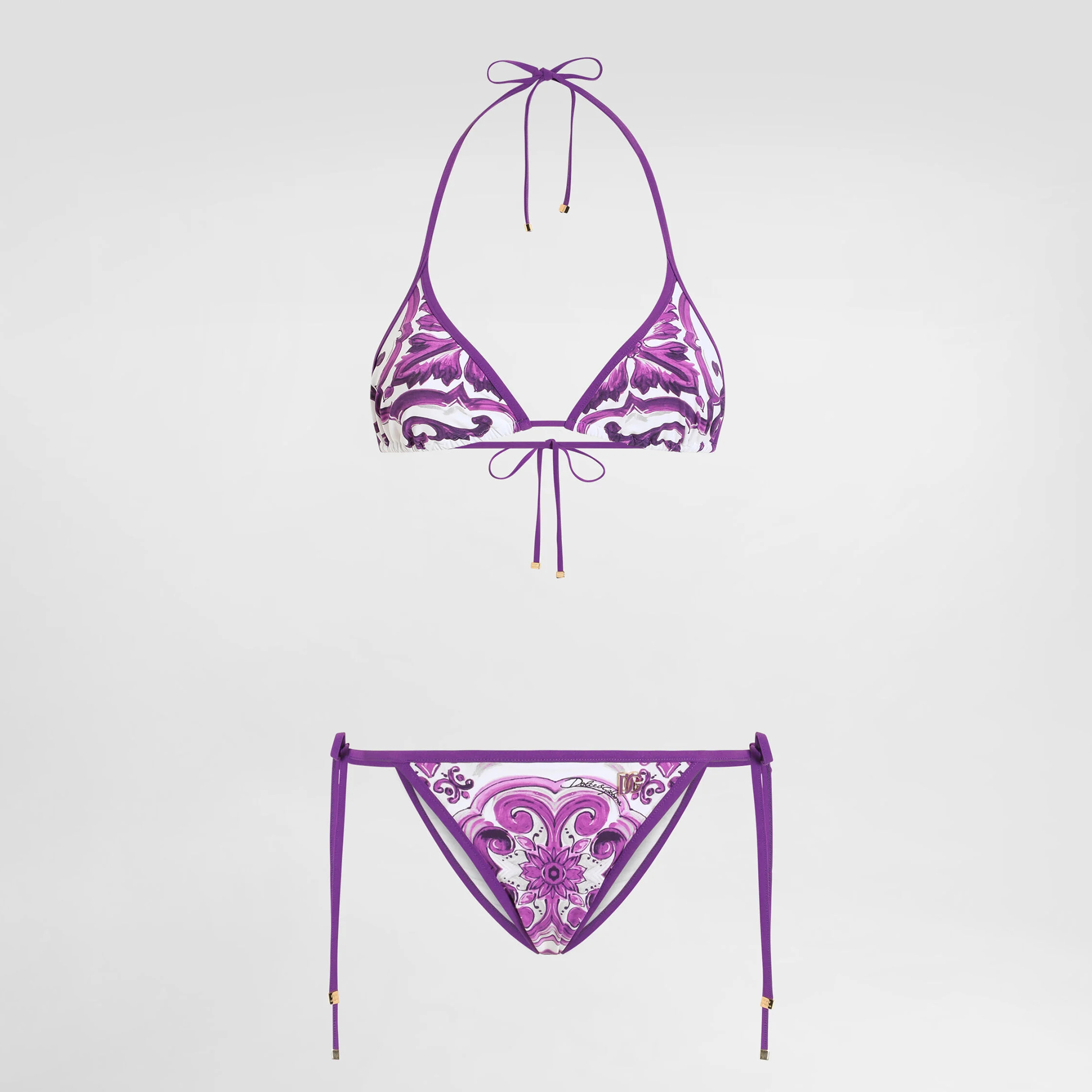 NIGO Dolce&Gabbana Women's Majolica Print Tie V-Neck Solid Color Triangle Bikini Set Swimsuit Ngvp #nigo2122