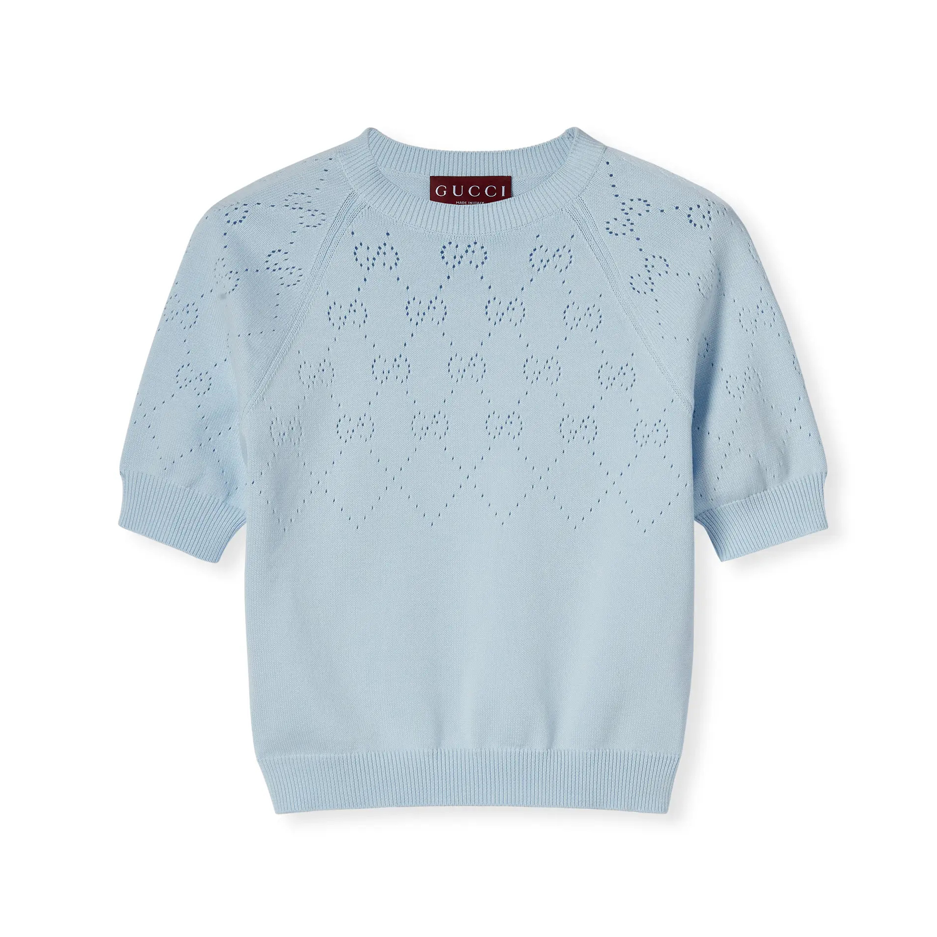 NIGO Gucci Women's Spring/Summer Solid Color Letter Print Openwork Design Cotton Round Neck Short Sleeve Knitted T-Shirt #nigo77898