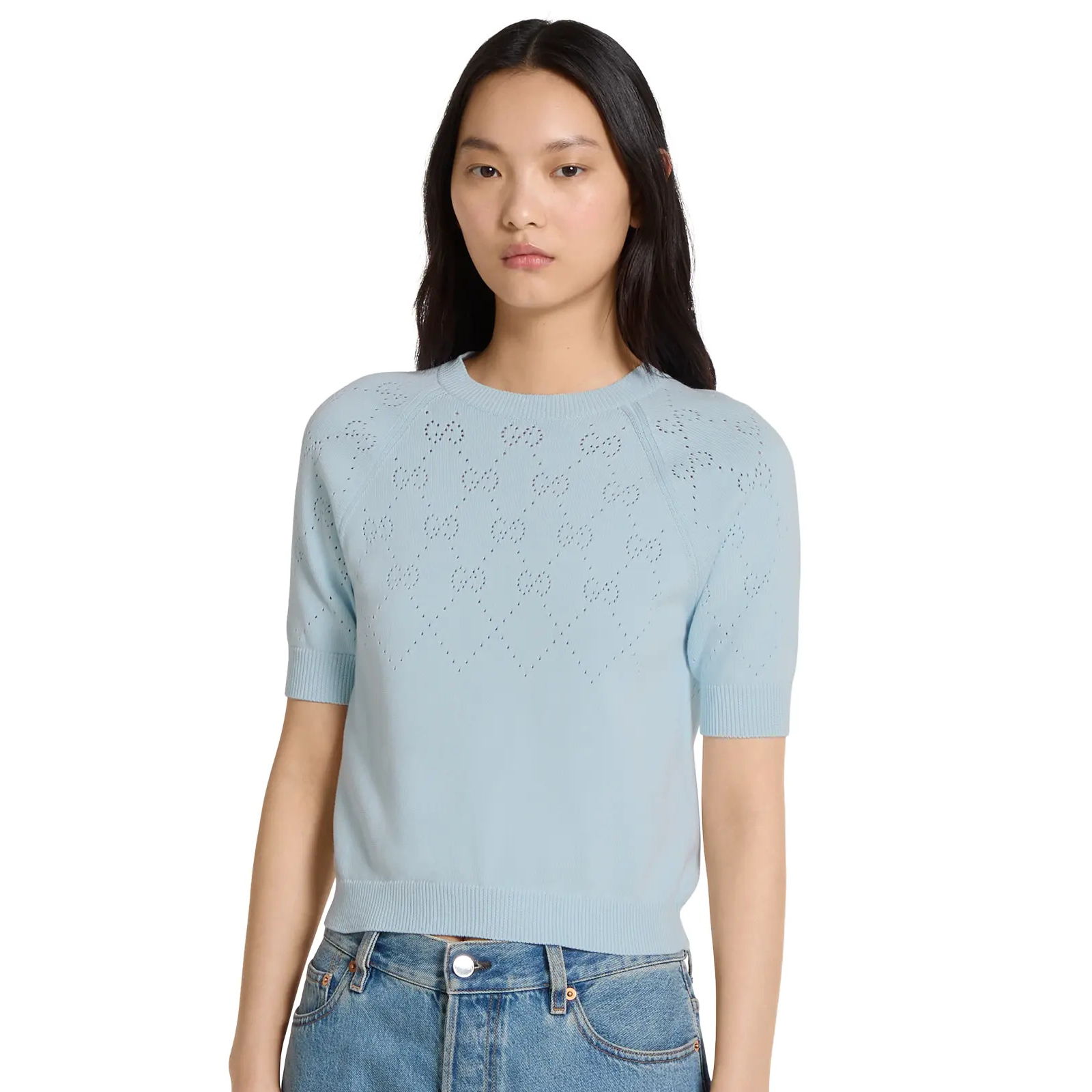 NIGO Gucci Women's Spring/Summer Solid Color Letter Print Openwork Design Cotton Round Neck Short Sleeve Knitted T-Shirt #nigo77898