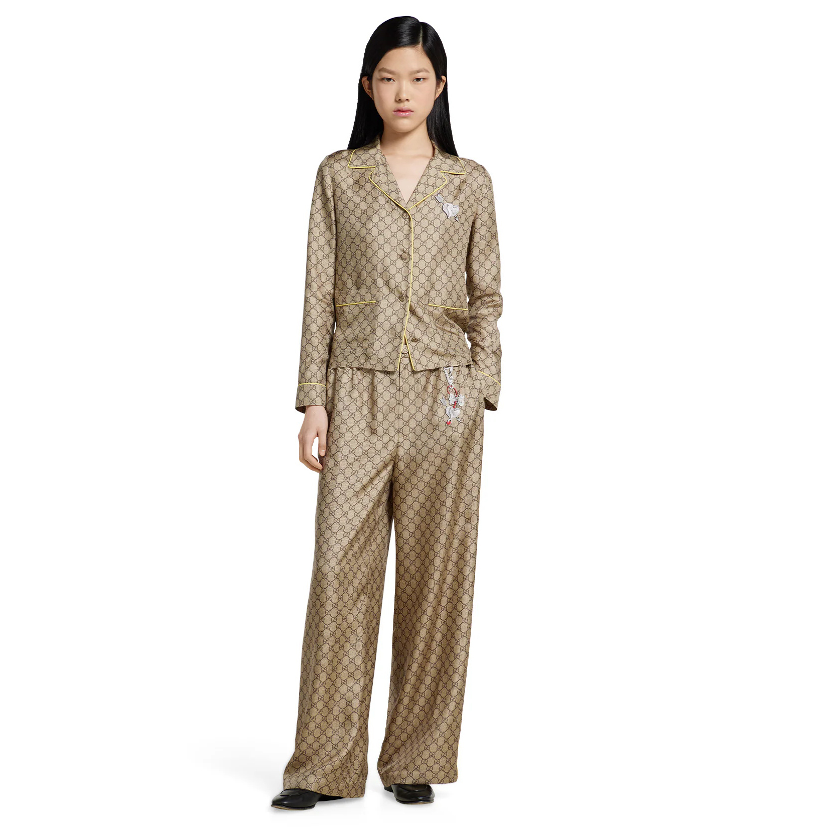 NIGO Gucci Women's Summer Solid Color Letter Print Heart Pattern Single Breasted Silk Long Sleeved Shirt And Casual Tie Pants Suit Set #nigo77927