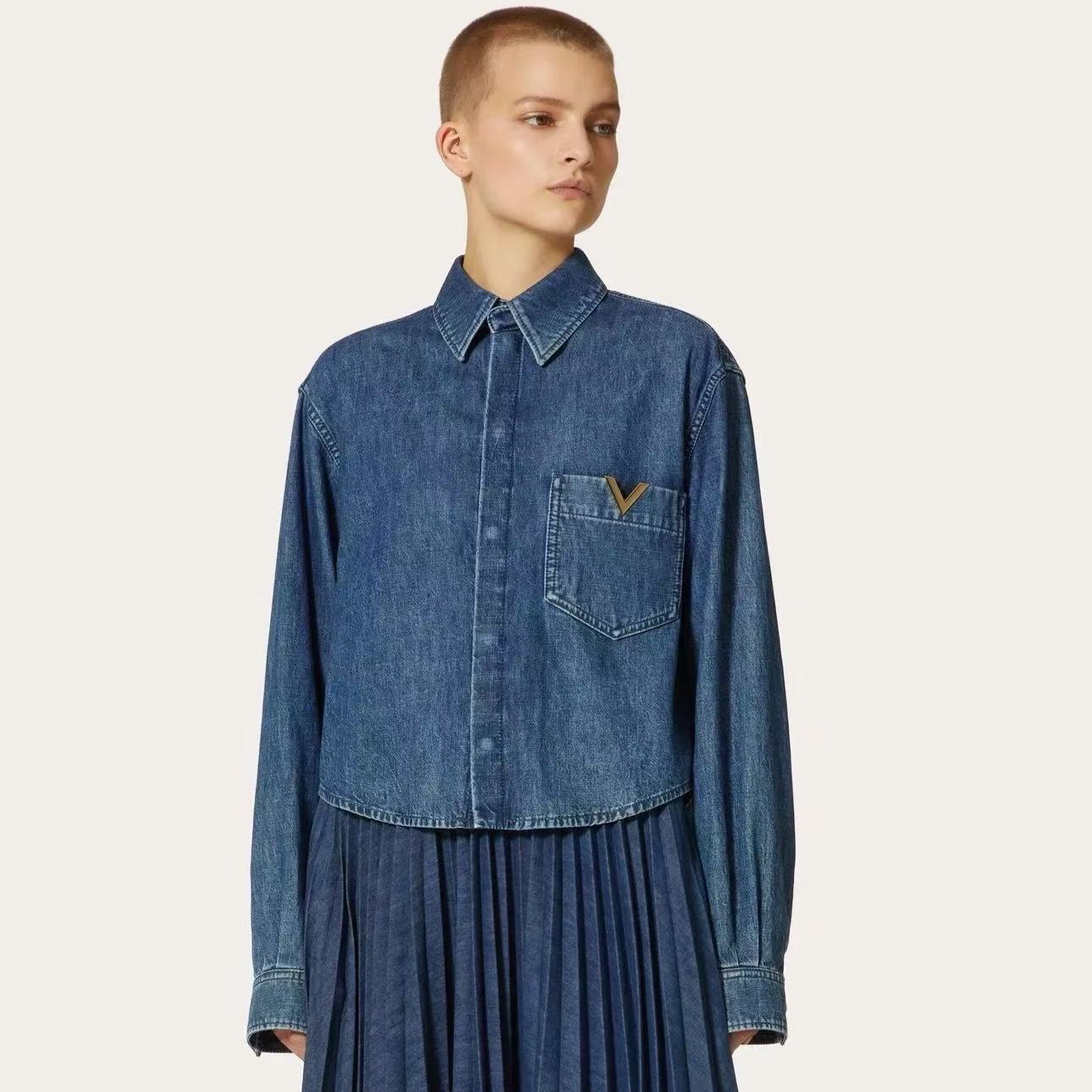 NIGO Valentino Women's Spring And Fall V Metal Logo Long Sleeve Vintage Lapel Single-breasted Denim Shirt Ngvp #nigo1988