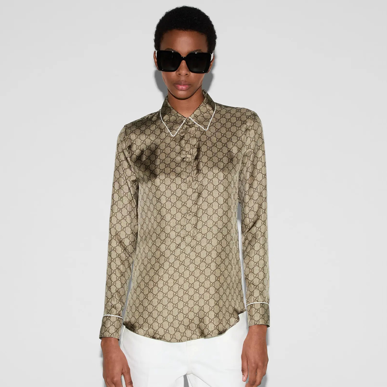 NIGO Gucci Women's Summer Solid Color Letter Print Single Button Long Sleeve Shirt #nigo77923