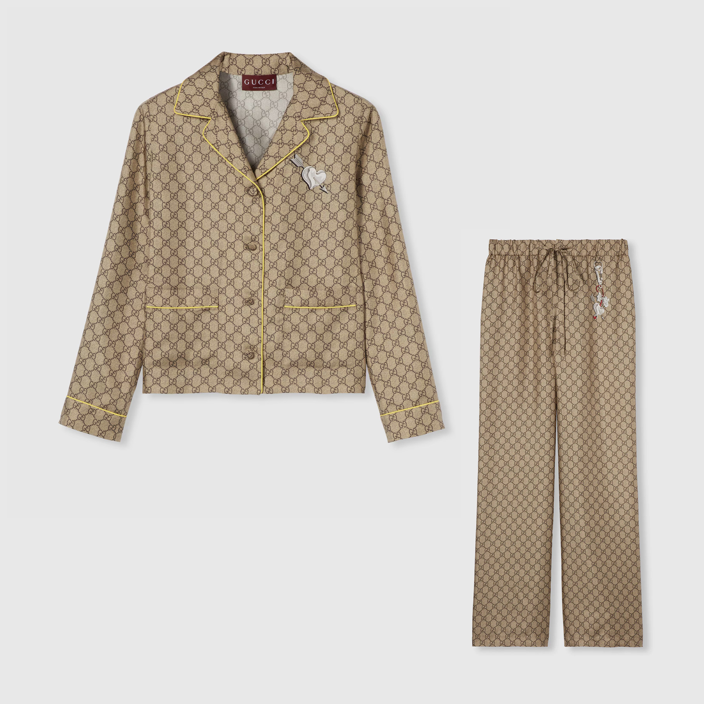 NIGO Gucci Women's Summer Solid Color Letter Print Heart Pattern Single Breasted Silk Long Sleeved Shirt And Casual Tie Pants Suit Set #nigo77927
