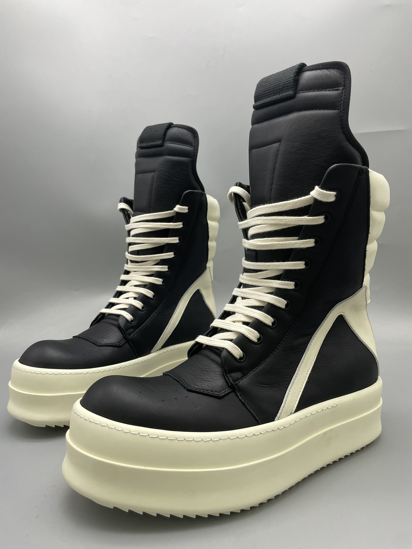 NIGO Rick Owens Men's And Women's Black And White Inverted Triangle High Top Lace Up Cowhide Shoes #nigo77917