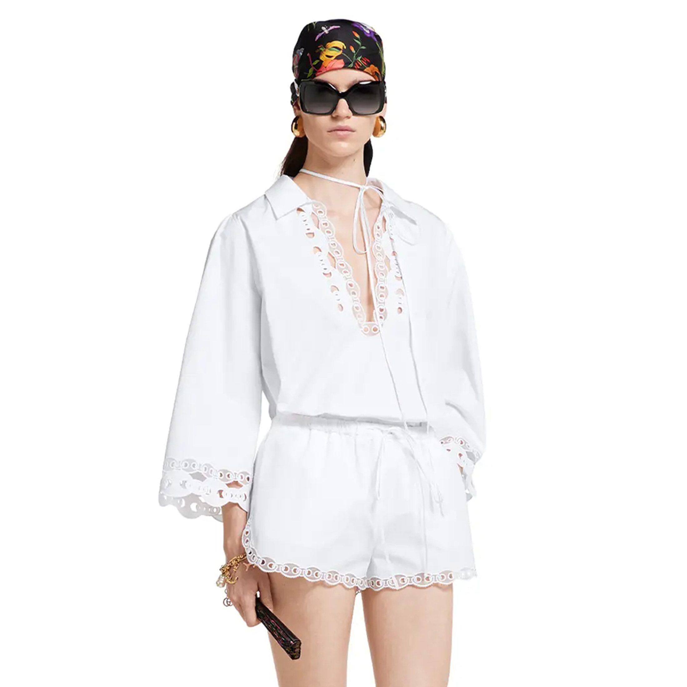 NIGO Gucci Women's Spring And Summer Decoration Cotton Poplin Shirt Hollow Anchor Chain Embroidery White Shirt Shorts Fashion Trend Casual Set Suit  Ngvp #nigo1989