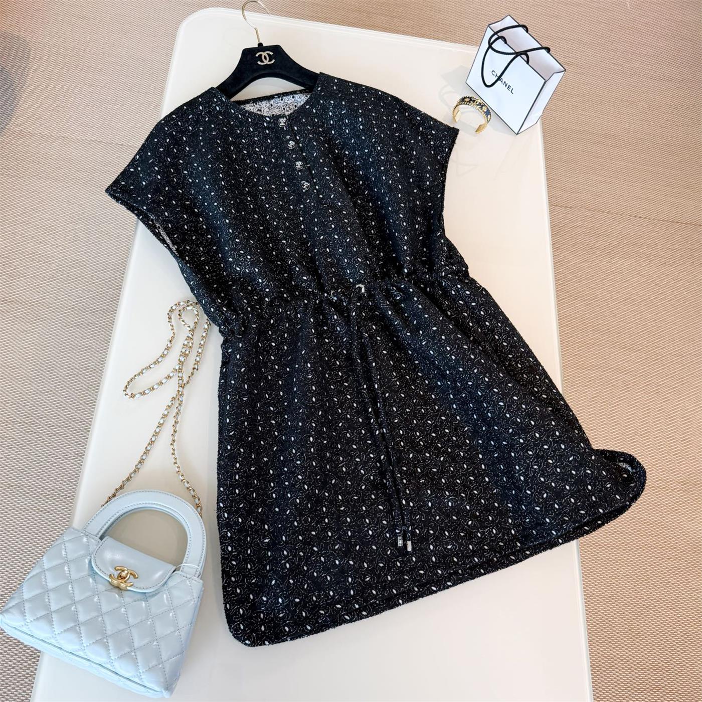 NIGO Chanel Women's Summer Solid Colour Round Neck Button-Up Waist-cinched Embroidered Logo Short Sleeve Short Dress #nigo77939