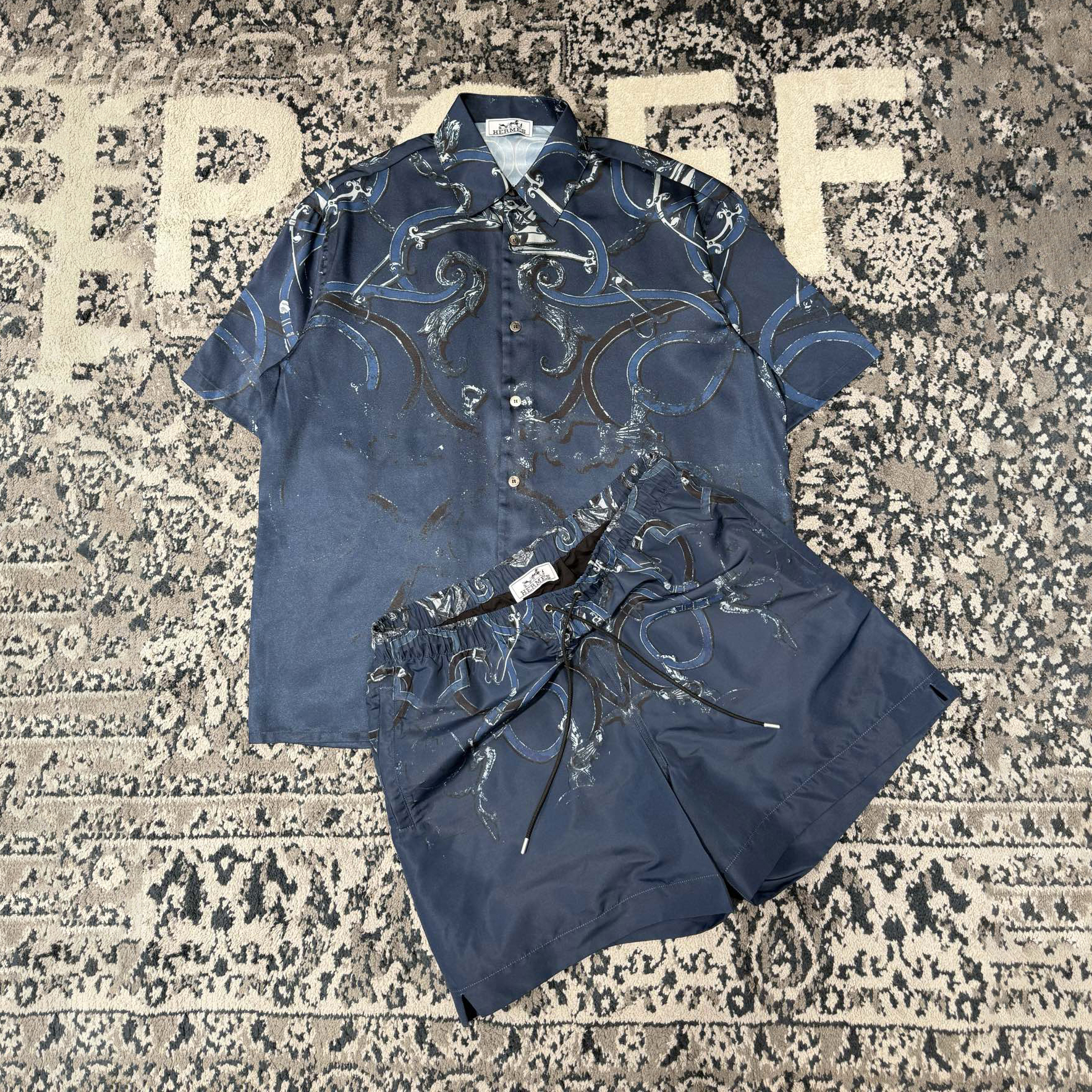 NIGO Hermes Men's Summer Solid Color Printed Single-breasted Straight Leg Casual Short Sleeved Shirt And Drawstring Shorts Set Suit #nigo77943