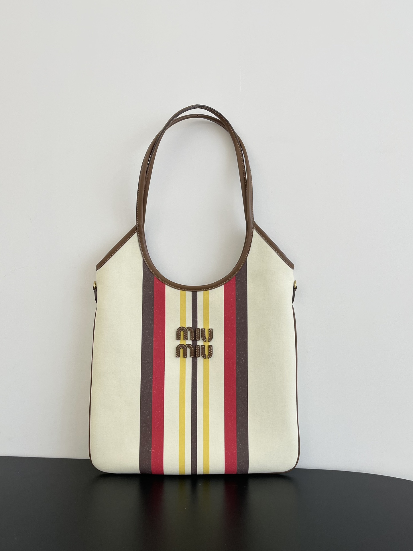 NIGO MiuMiu IVY Women's Embroidered Letter Print Striped Pattern Canvas And Leather Handbag Tote Bag Bags #nigo77931
