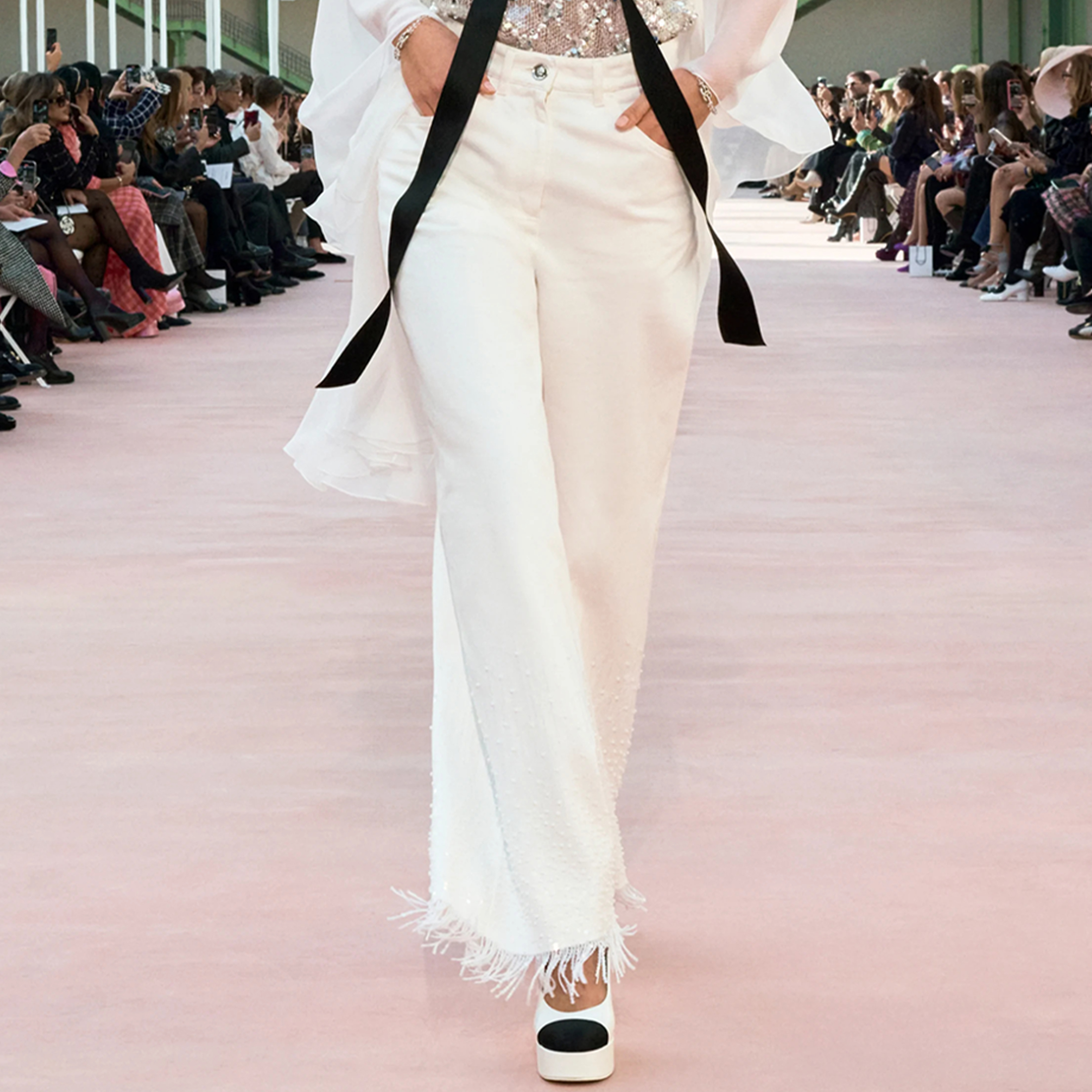 NIGO Chanel Women's Spring/summer Sequined Fringe Straight-leg Pants Black And White Denim Loose-fit Wide-leg  Long Pants Trousers Ngvp #nigo2169