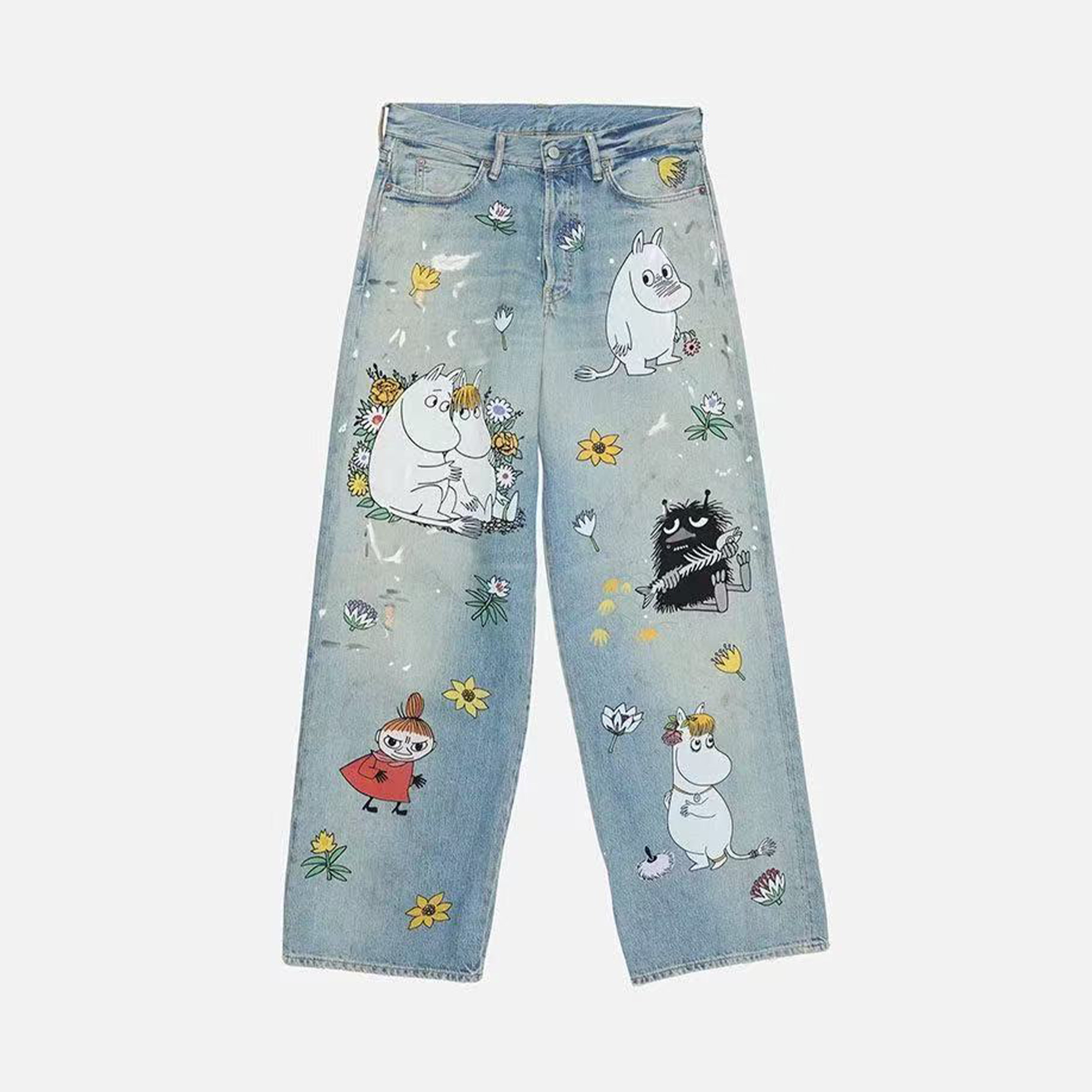 NIGO Acne Studios X Moomin Women's Spring/summer Straight Leg Casual Anime Print Fashionable High Street Wide Leg Loose Fit Denim Pants Ngvp #nigo2176