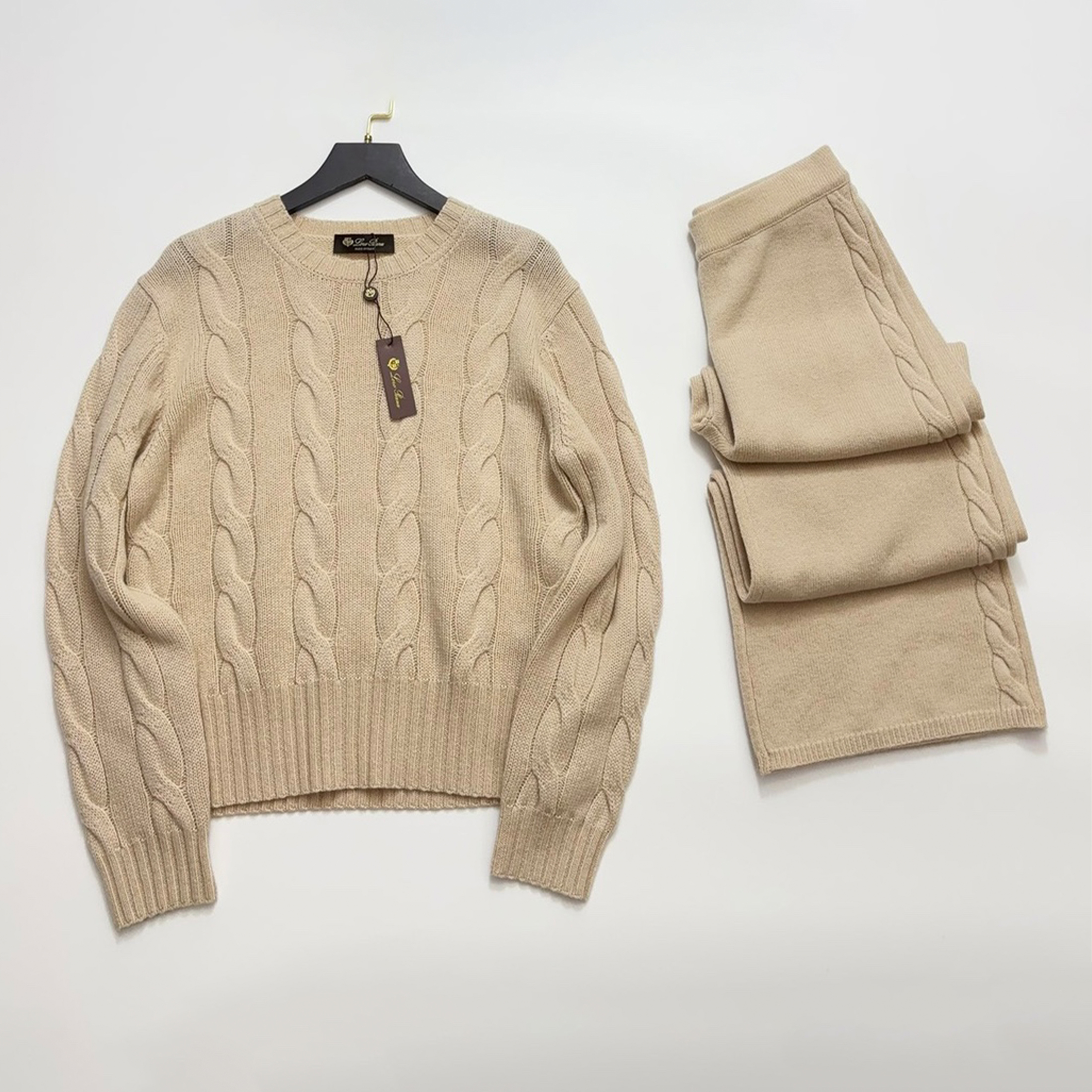 NIGO Loro Piana Napier Women's Spring And Autumn Chunky Knit Set High Elastic Solid Color Round Neck Long Sleeve Pullover Straight Leg Knit Casual Pants Suit Set Ngvp #nigo2164