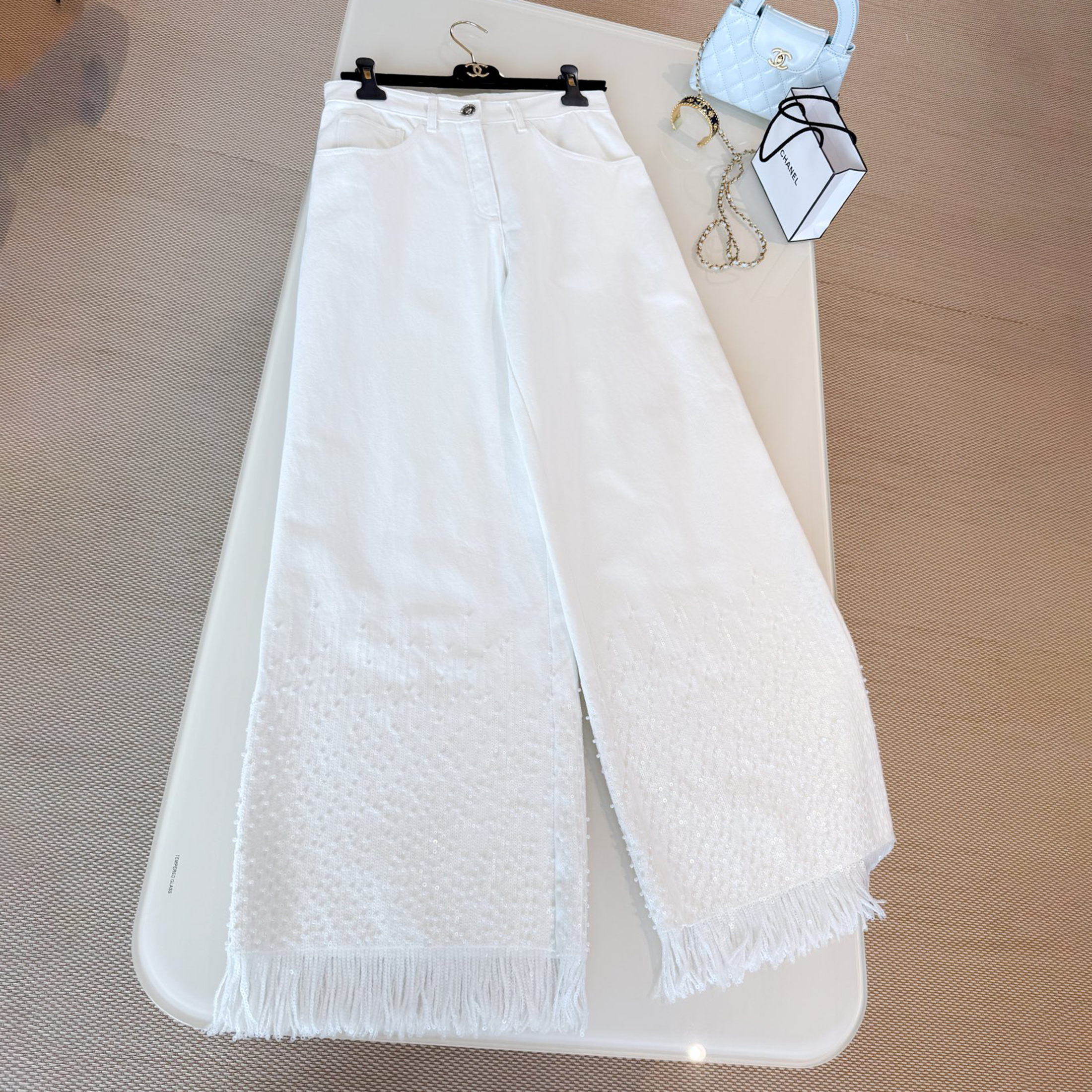 NIGO Chanel Women's Spring/summer Sequined Fringe Straight-leg Pants Black And White Denim Loose-fit Wide-leg  Long Pants Trousers Ngvp #nigo2169
