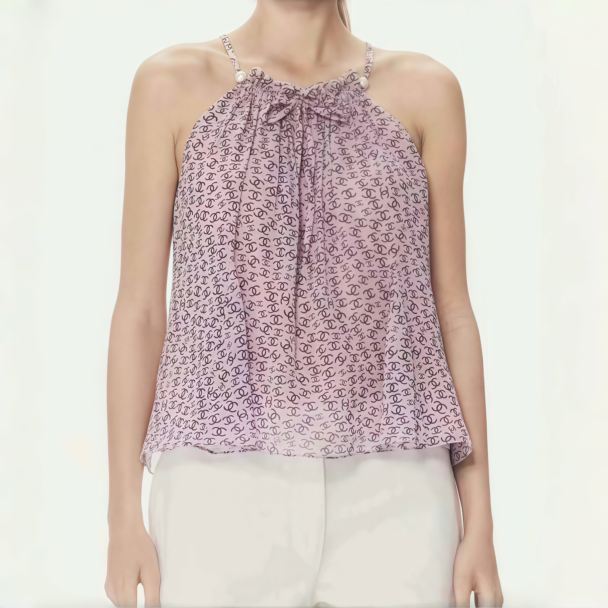 NIGO Chanel Women's Summer Pink And Blue Logo Print Halter Silk Tank Top #nigo77963