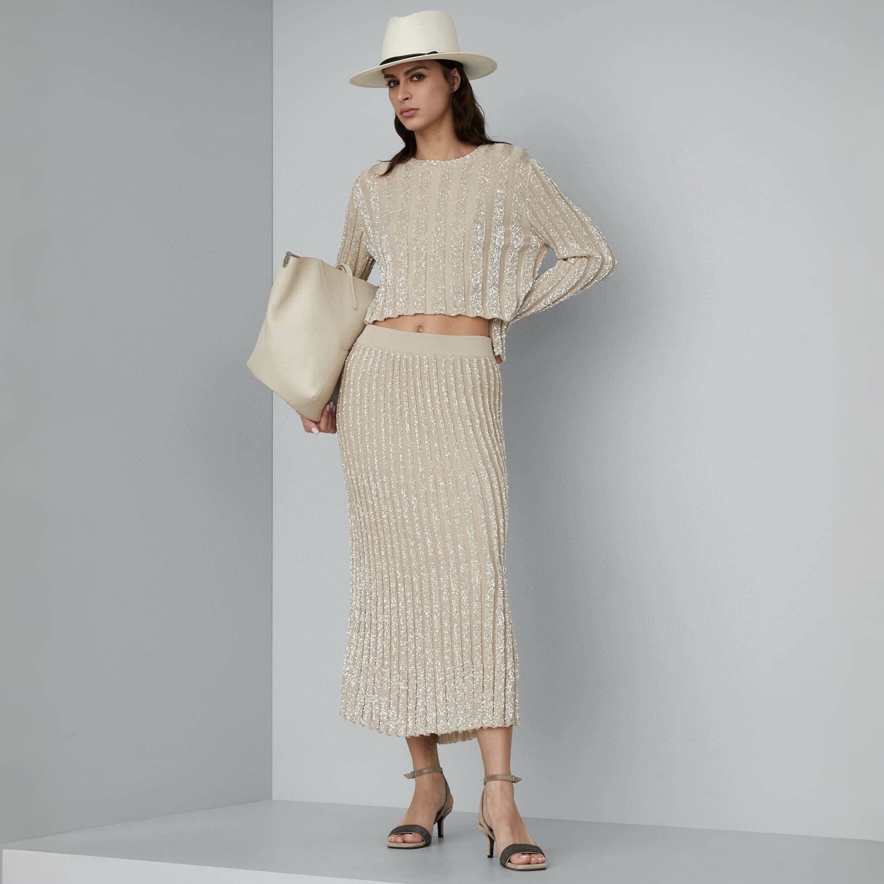 NIGO Brunello Cucinelli  Women's Spring/summer Luxury Sequin Knitted Long-sleeved Straight-cut Fitted Skirt Fashionable Elegant Suit Set Ngvp #nigo2162