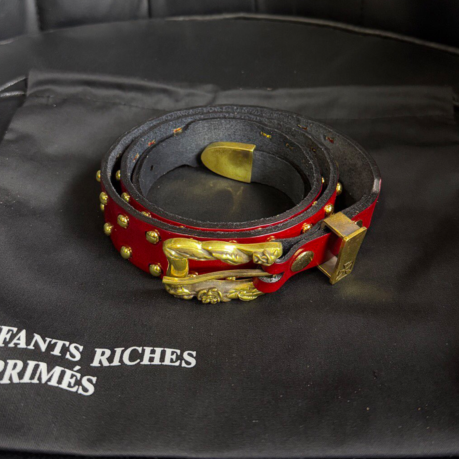 NIGO Enfants Riches Deprimes Burgundy Double Row Rivets Belt Leather Retro Old Carved Logo Belt Punk Metal Belt 2CM Accessories Ngvp #nigo2188