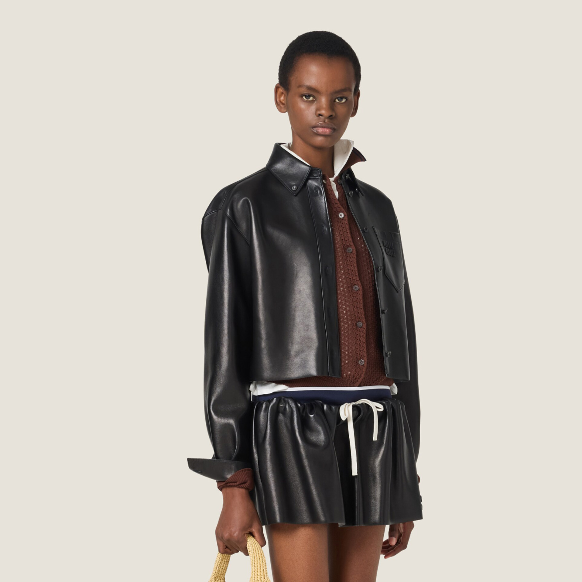 NIGO MiuMiu Women's Plongé Napa Leather Jacket Spring/Fall Solid Color Lapel Straight Sleeve Zipper Leather Jacket Skirt Suit #nigo77987