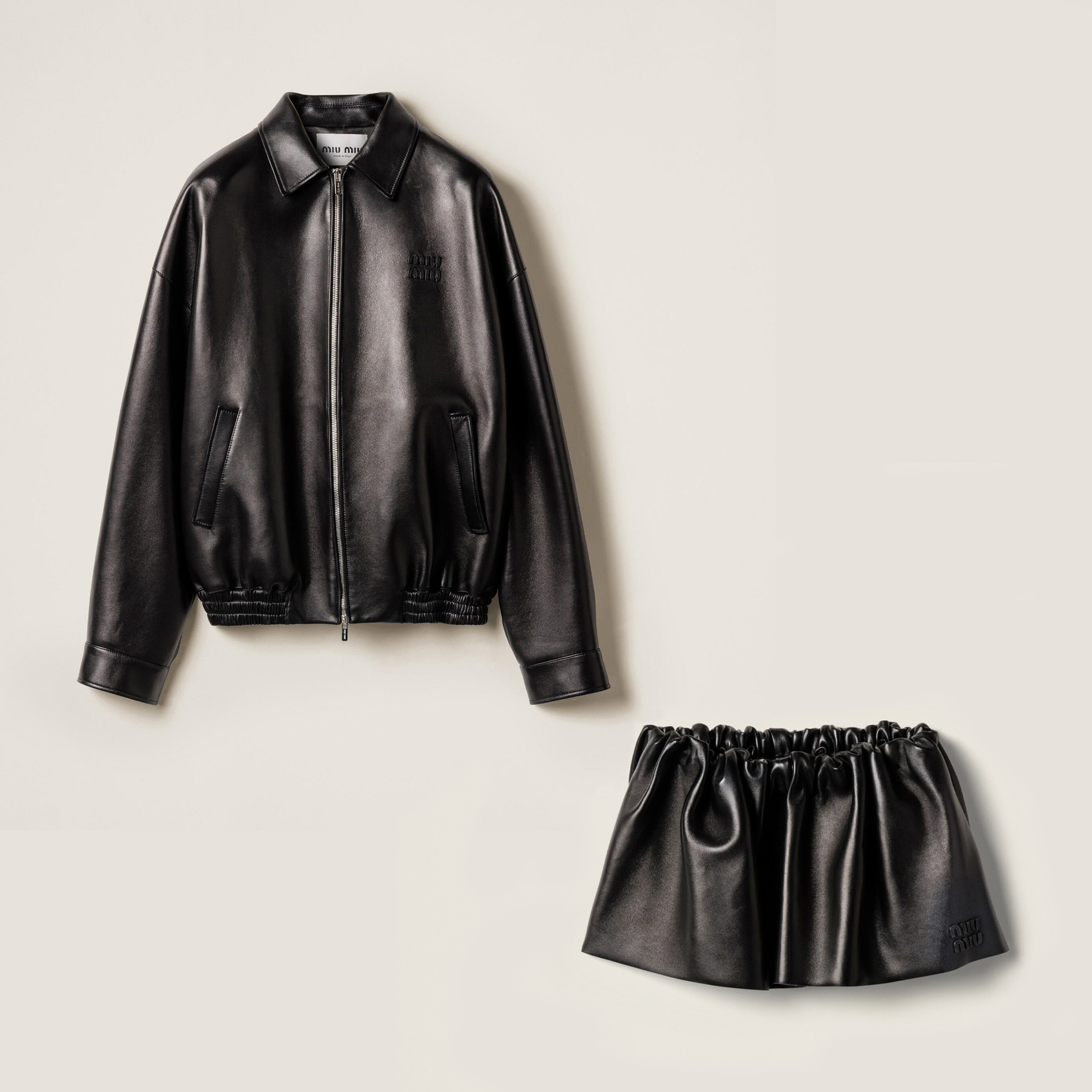 NIGO MiuMiu Women's Plongé Napa Leather Jacket Spring/Fall Solid Color Lapel Straight Sleeve Zipper Leather Jacket Skirt Suit #nigo77987