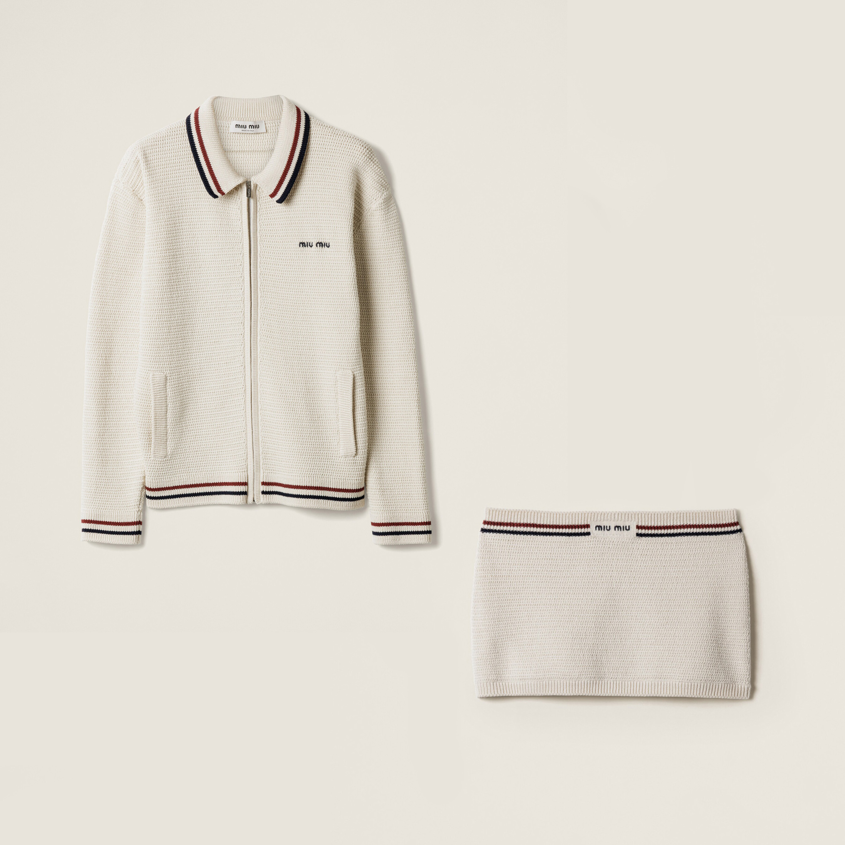 NIGO MiuMiu Women's Spring/Autumn Solid Color Cotton Knitted Zipper Cardigan Cotton Knitted Mini Skirt Set #nigo77993