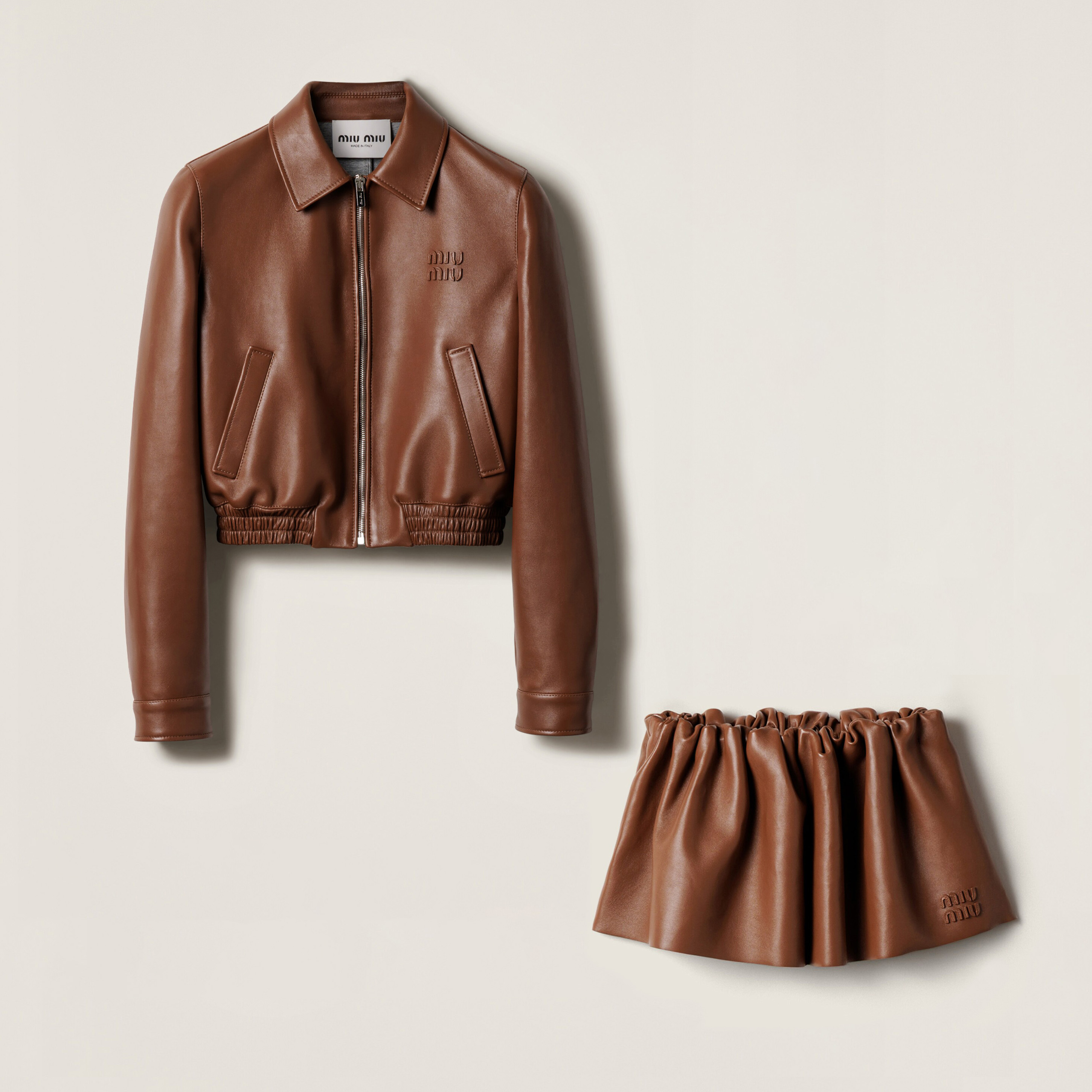 NIGO MiuMiu Women's Plongé Napa Leather Jacket Spring/Fall Solid Color Lapel Straight Sleeve Zipper Leather Jacket Skirt Suit  #nigo77986