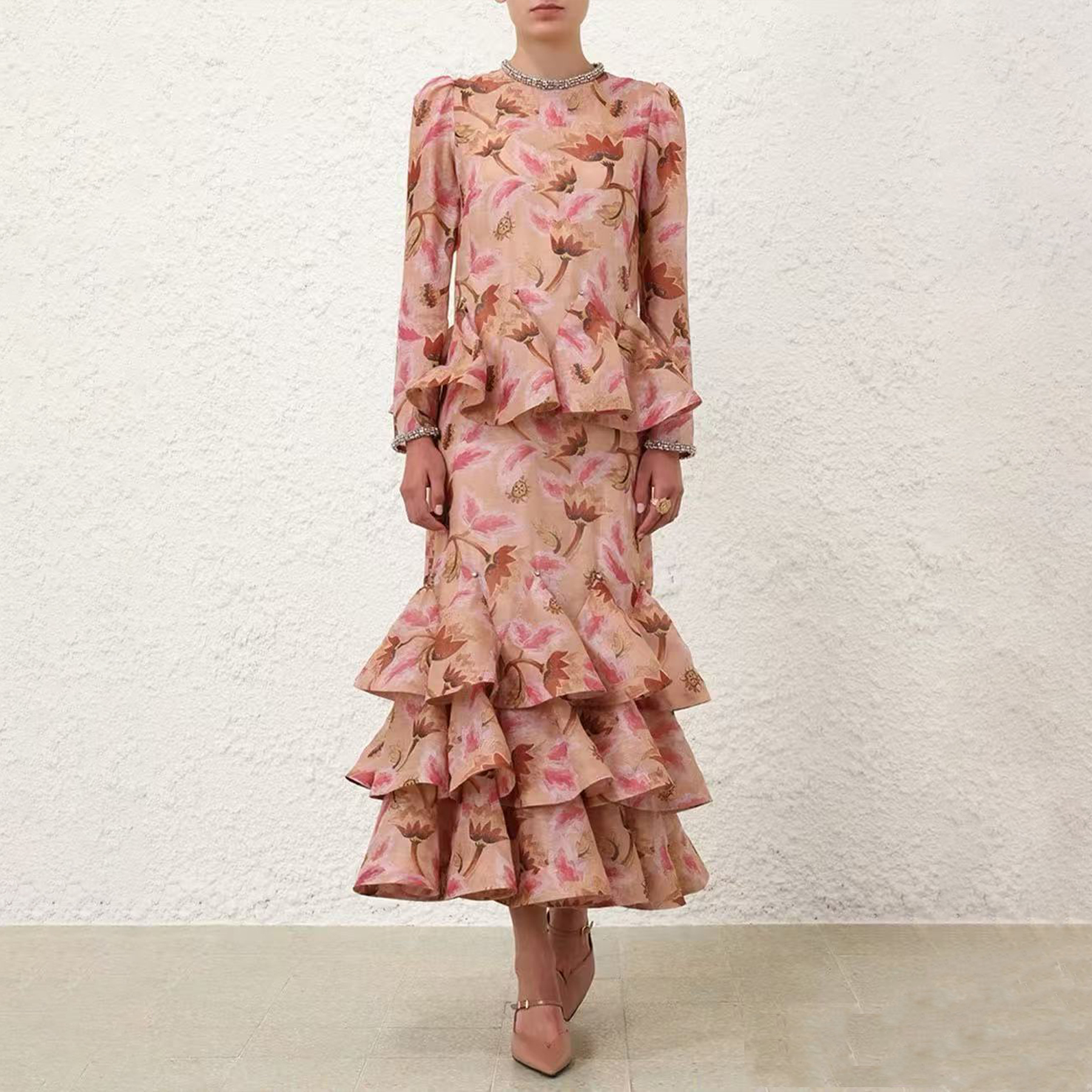 NIGO Zimmermann Women's Spring/summer Elegant Floral Print Dress With Multi-layer Ruffled Puff Skirt, Form-fitting Fashionable Dresses Ngvp #nigo2181