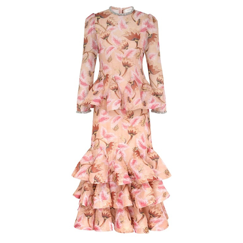 NIGO Zimmermann Women's Spring/summer Elegant Floral Print Dress With Multi-layer Ruffled Puff Skirt, Form-fitting Fashionable Dresses Ngvp #nigo2181