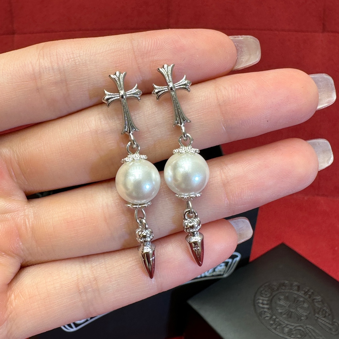 NIGO Chrome Hearts x Mikimoto Women's Silver Cross Pearl Long Stud Earrings Classic Fashion Jewelry High-end Earrings Stud Earrings Accessories #nigo78141