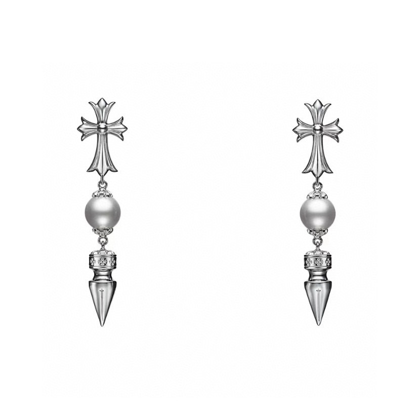 NIGO Chrome Hearts x Mikimoto Women's Silver Cross Pearl Long Stud Earrings Classic Fashion Jewelry High-end Earrings Stud Earrings Accessories #nigo78141
