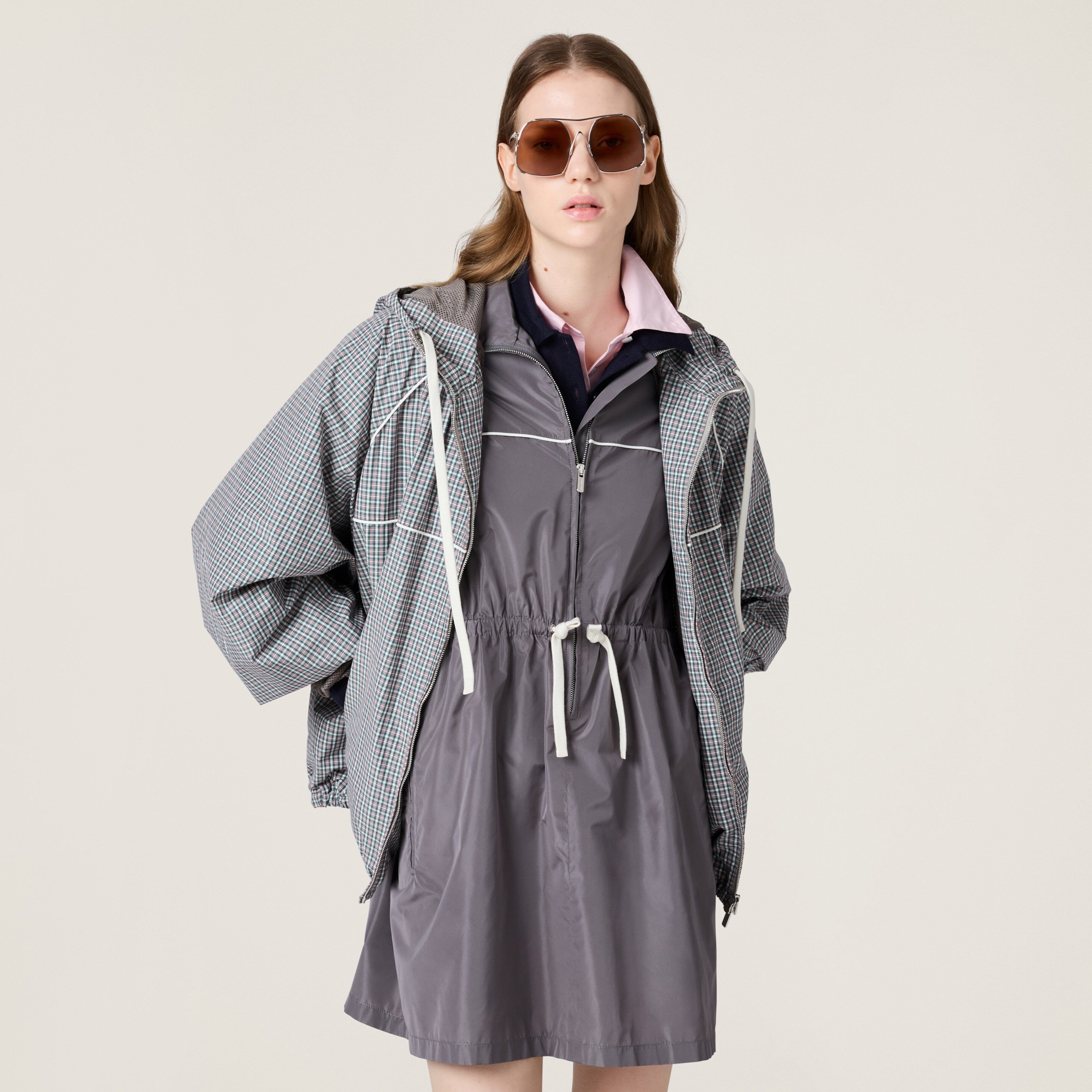 NIGO MiuMiu Women's Summer Solid Color Fashionable Casual Tech Silk Mini Short Sleeve Zipper Jacket Dress #nigo78158