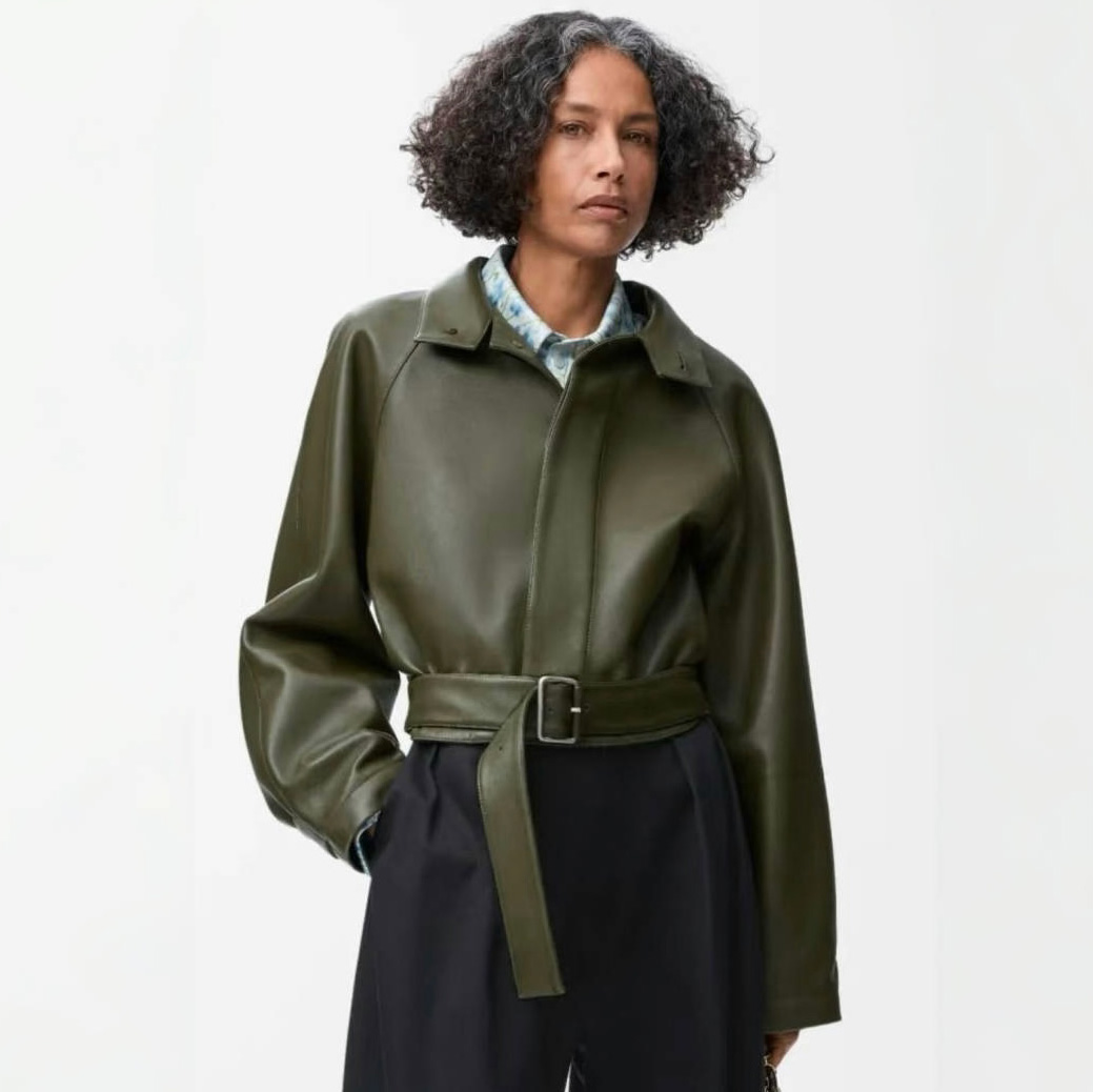 NIGO Loewe Women's Spring/Autumn Solid Color Classic Fashion High Neck Belted Waist Long Sleeve Short Sheepskin Leather Jacket #nigo78159