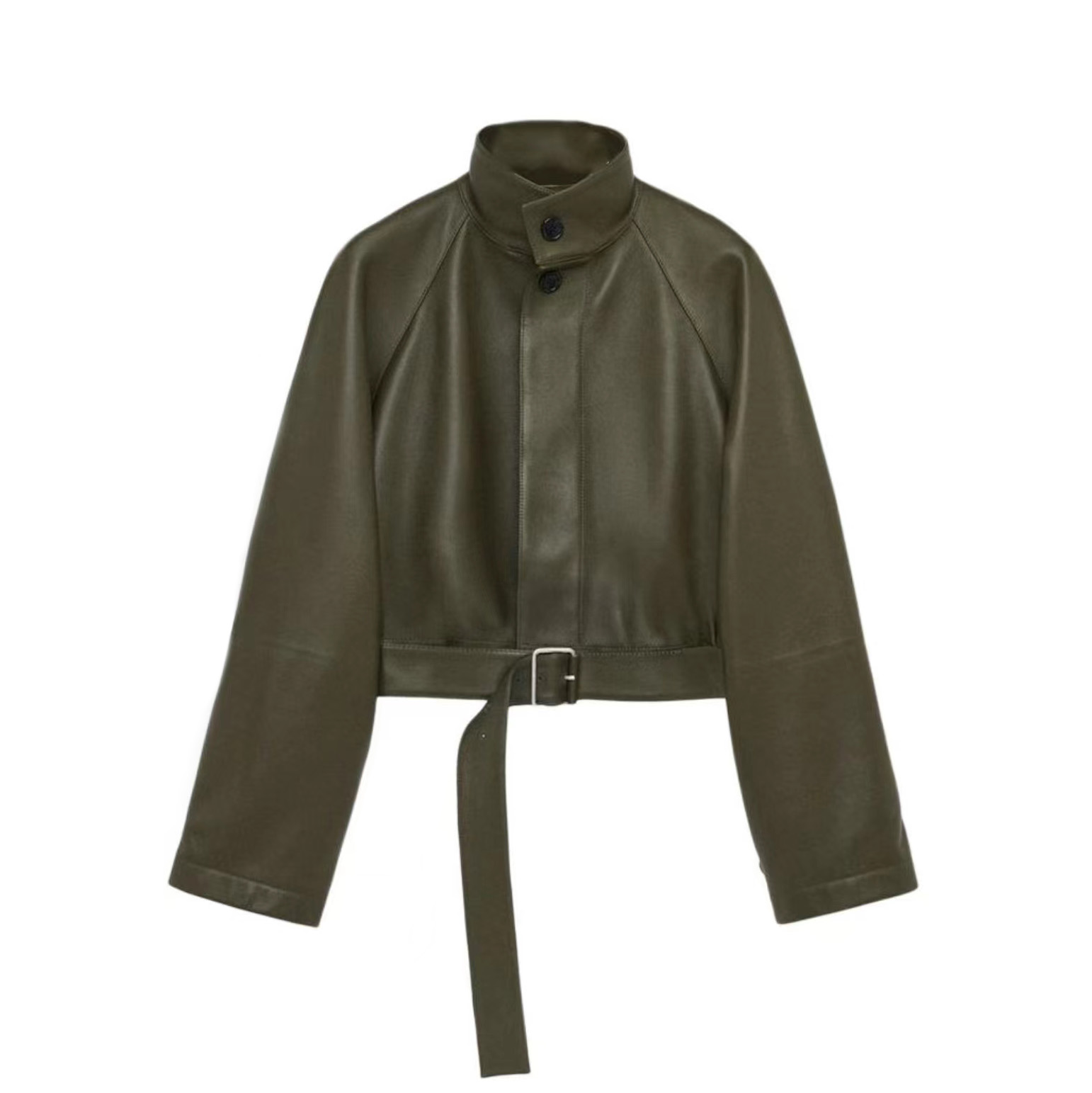 NIGO Loewe Women's Spring/Autumn Solid Color Classic Fashion High Neck Belted Waist Long Sleeve Short Sheepskin Leather Jacket #nigo78159