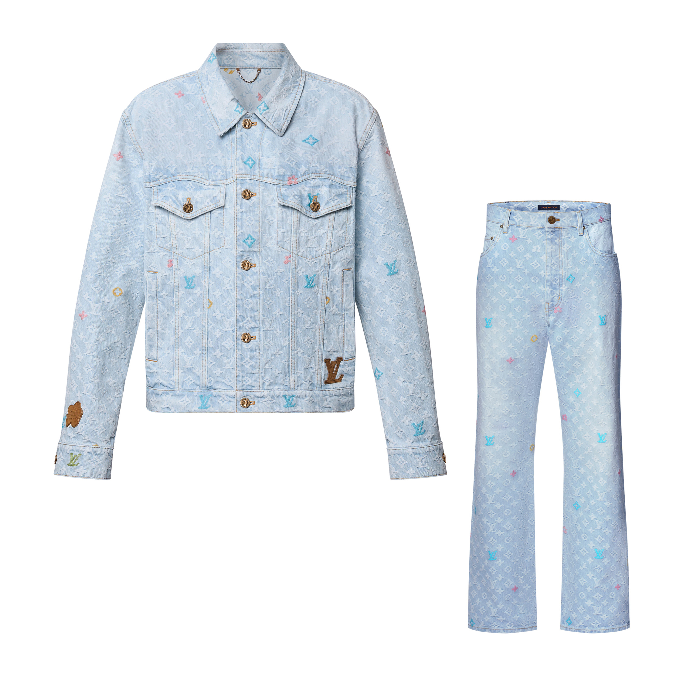 NIGO Louis Vuitton Men's Autumn And Winter Light Blue Logo Letters Embroidered Lapel Single Breasted Long Sleeved Denim Jacket Pocket Jeans Pants Set Suit #nigo99427