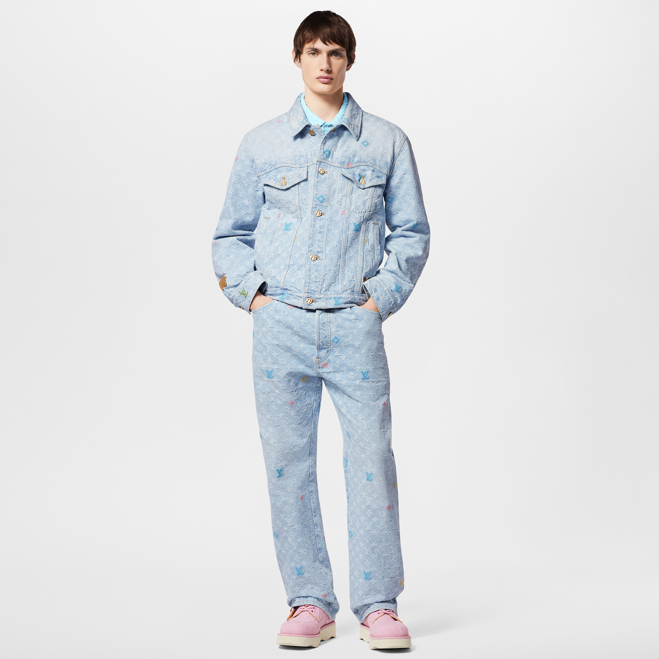 NIGO Louis Vuitton Men's Autumn And Winter Light Blue Logo Letters Embroidered Lapel Single Breasted Long Sleeved Denim Jacket Pocket Jeans Pants Set Suit #nigo99427