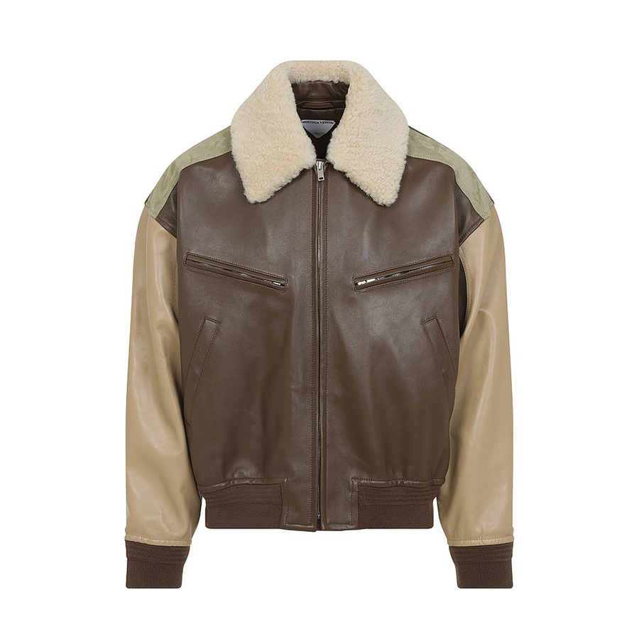 NIGO Bottega Veneta Men's Soft Leather Removable Lambswool Collar Spring And Autumn Color-Block Zipper Long-Sleeved Nappa Blouson Leather Jacket Ngvp #nigo2126